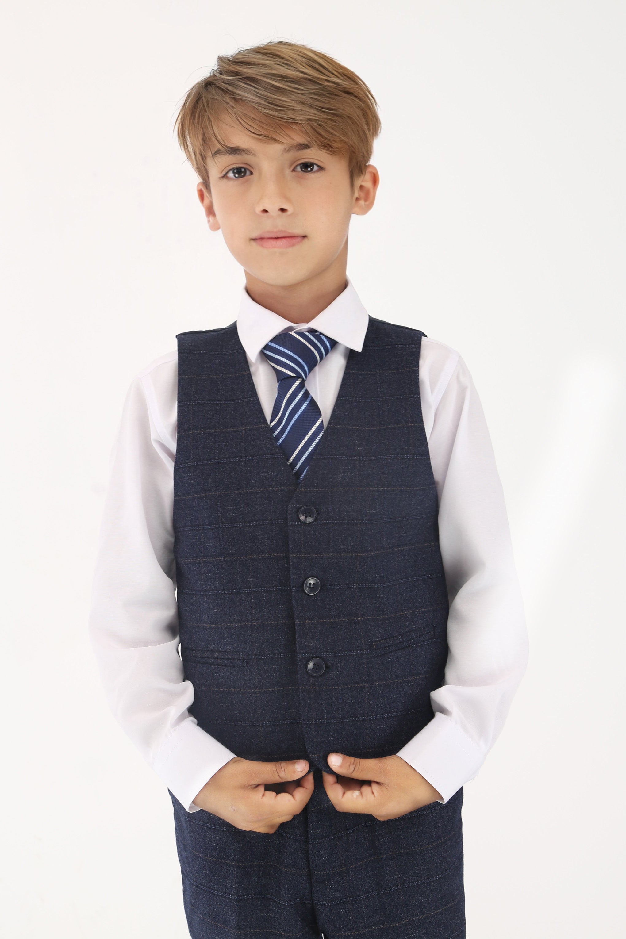 Conjunto de traje formal para niños con ajuste entallado y estampado de cuadros tipo tweed - Azul marino