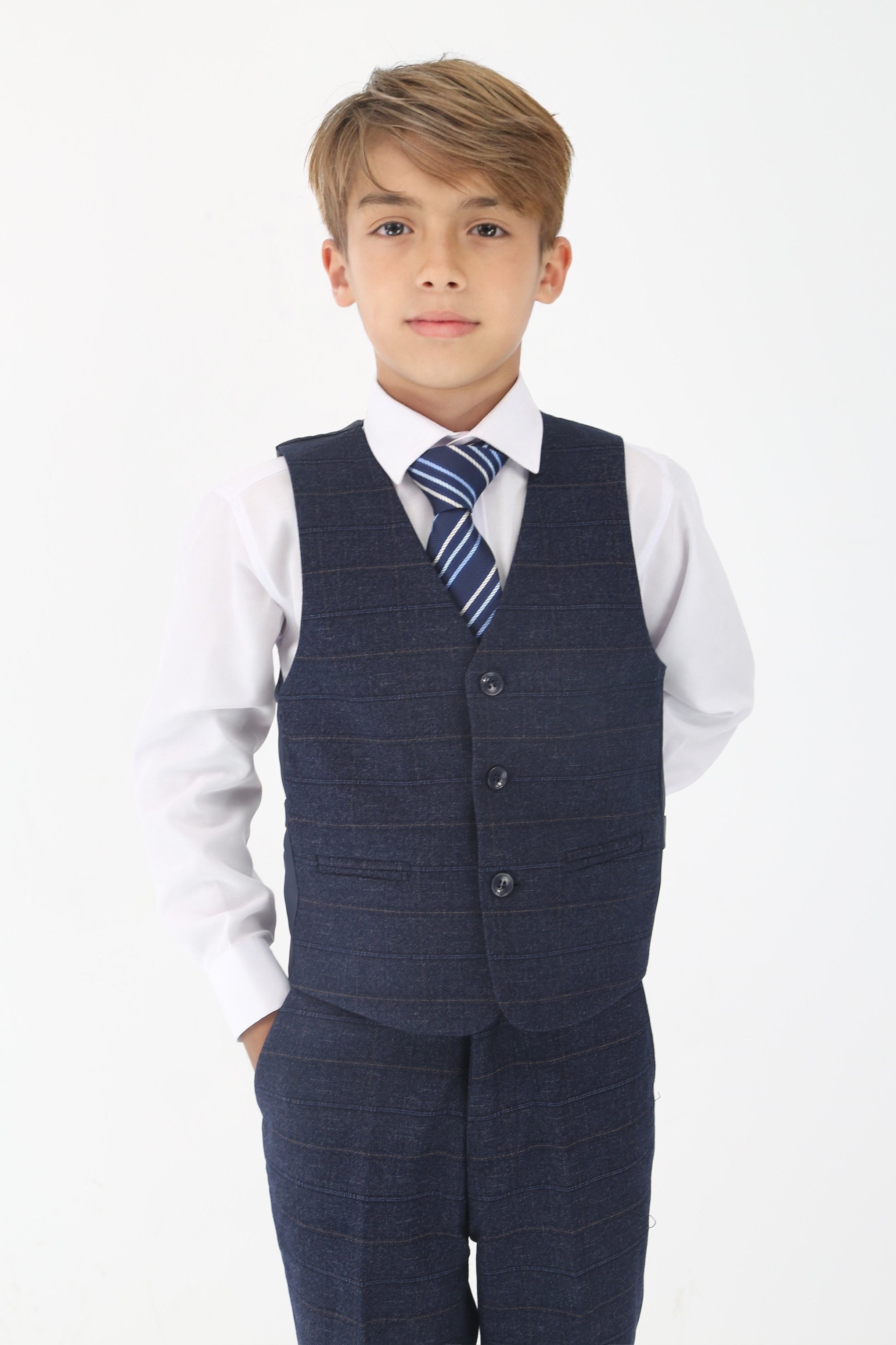 Conjunto de traje formal para niños con ajuste entallado y estampado de cuadros tipo tweed - Azul marino