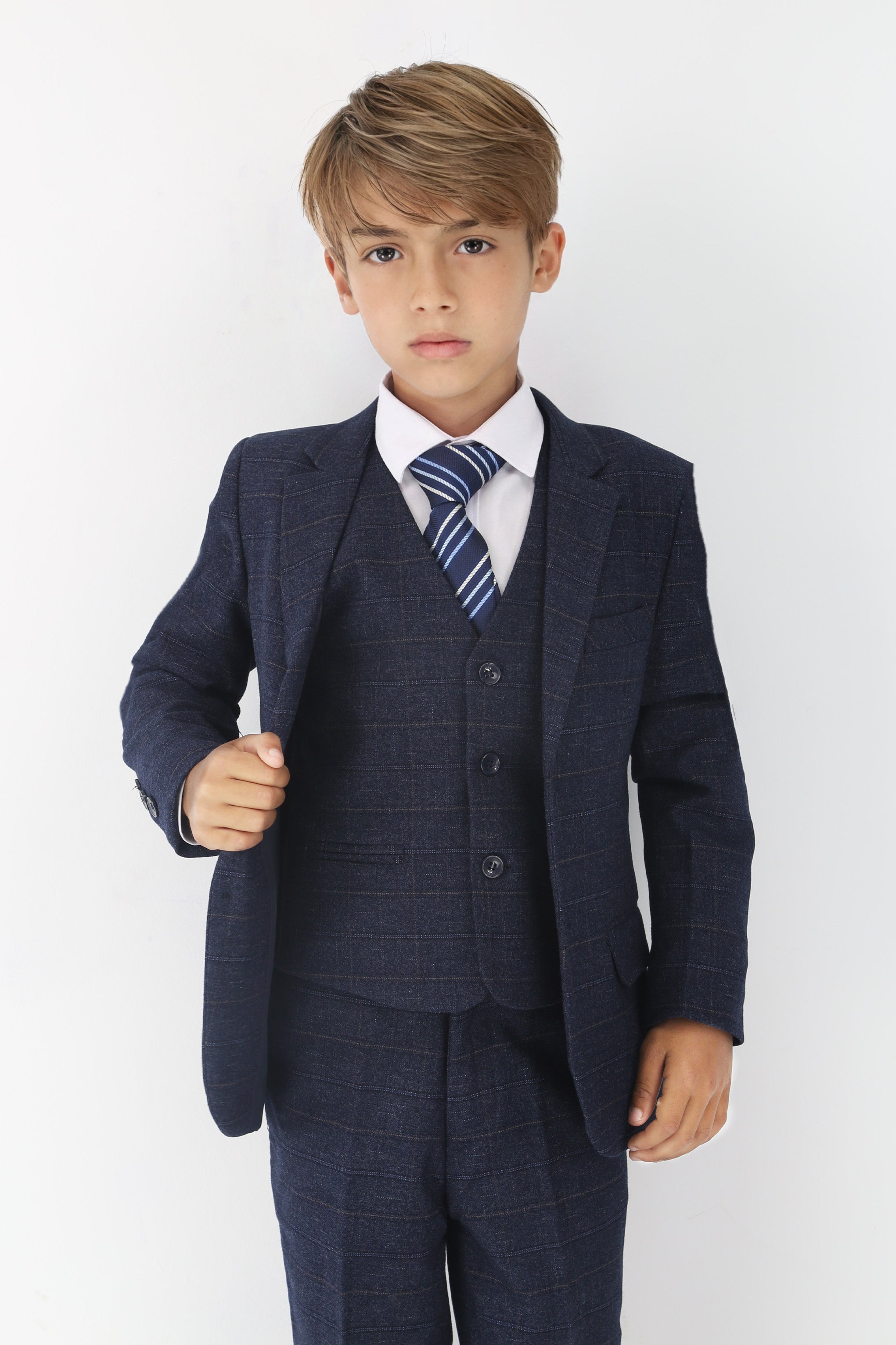 Conjunto de traje formal para niños con ajuste entallado y estampado de cuadros tipo tweed - Azul marino