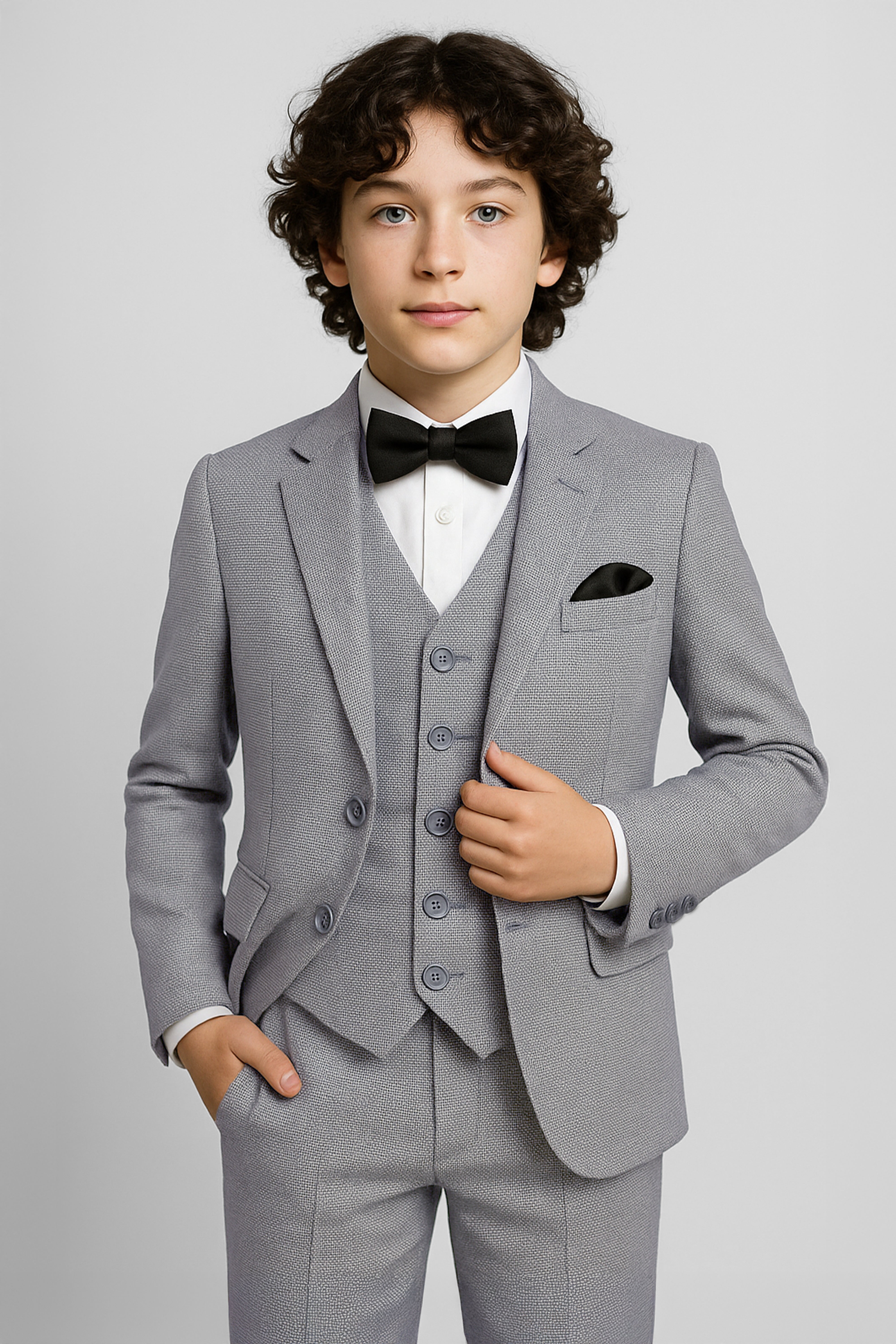 Boys Tweed Tailored Fit Formal Suit - JACKSON - Grey Model Picture