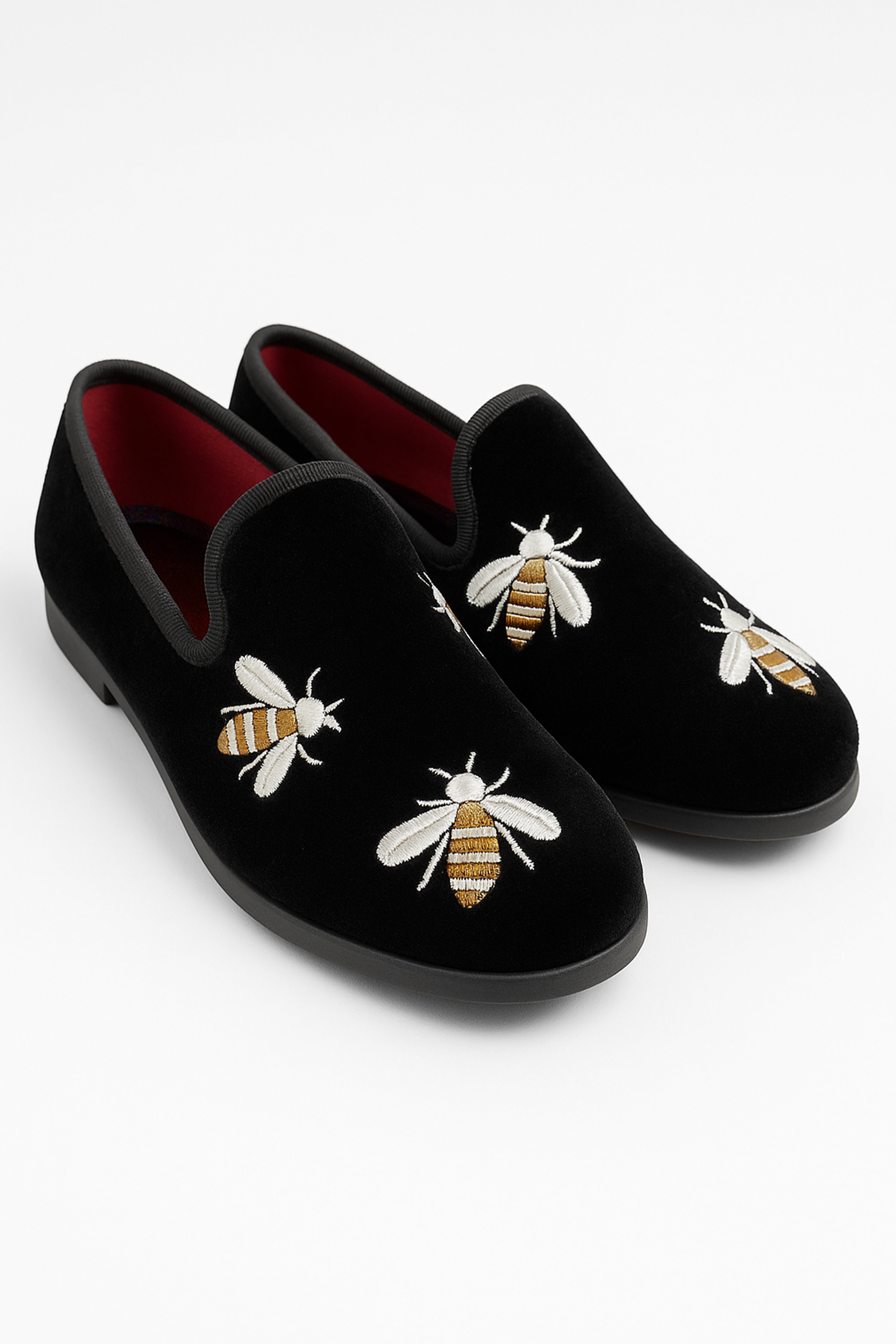 Boys Velvet Bee Embroidered Slip On Loafers - Navy Blue Side Picture