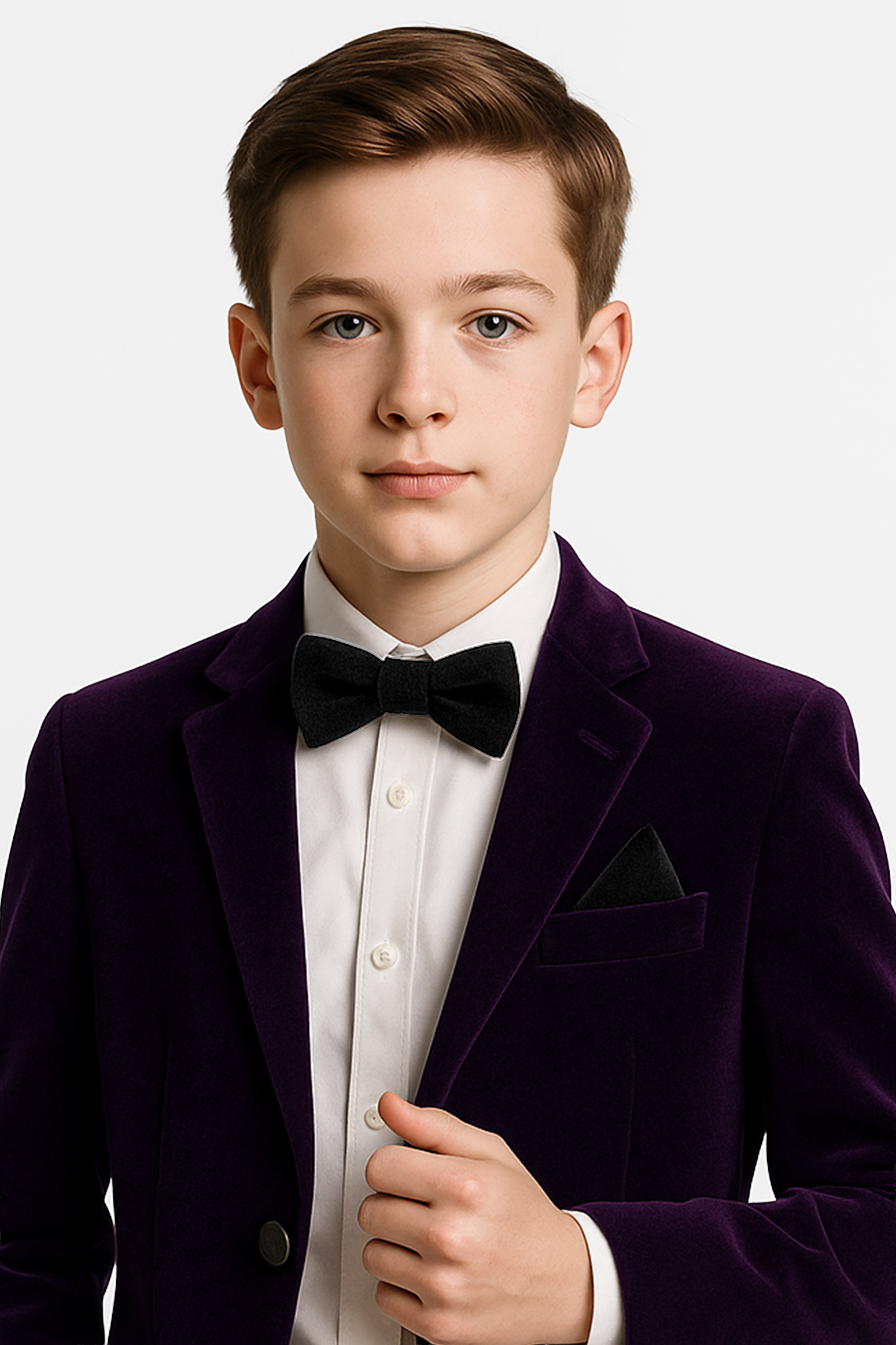 Boys Velvet Dickie Bow Tie & Handkerchief Set - Savoy - Black Model Picture