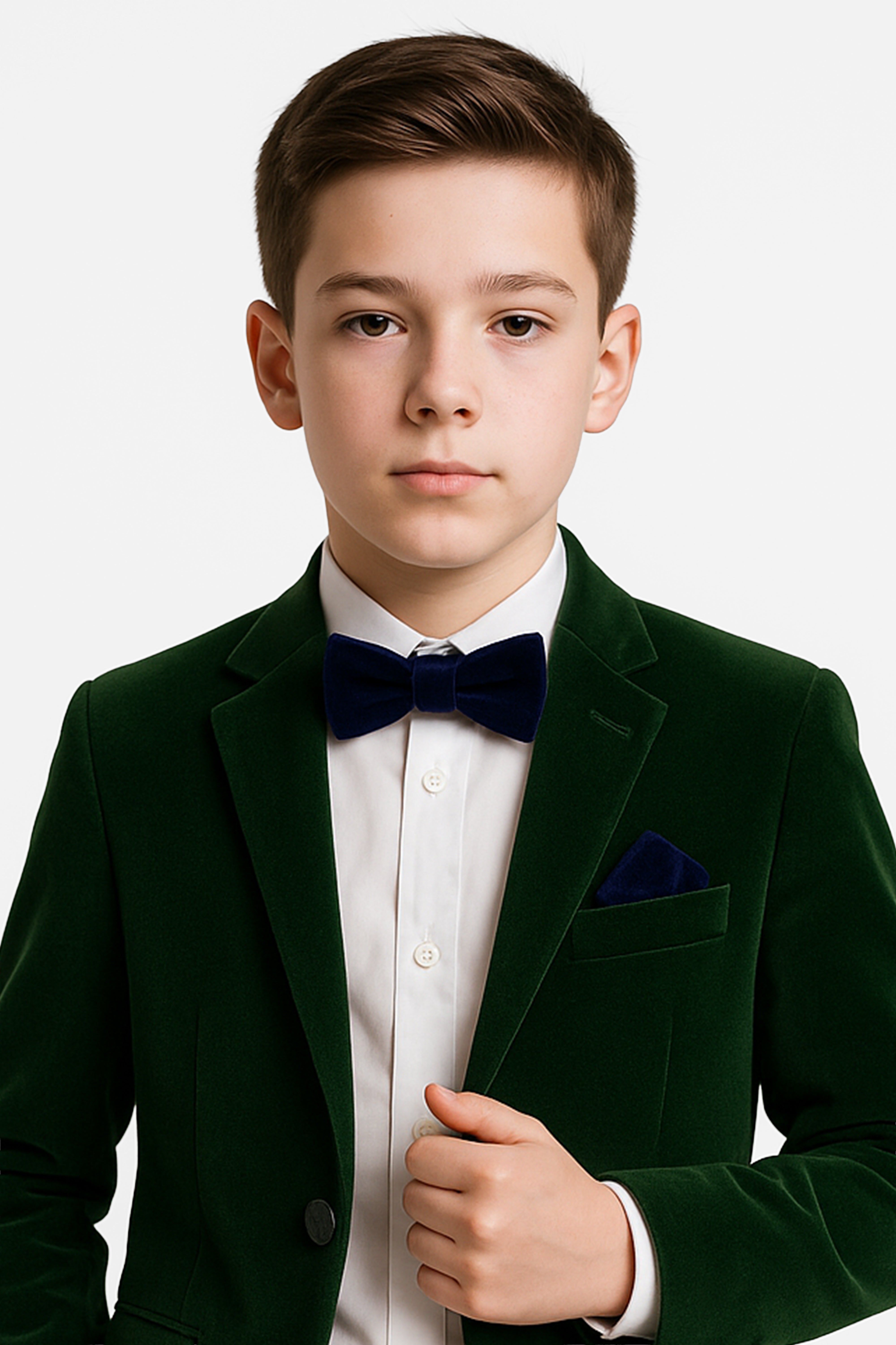 Boys Velvet Dickie Bow Tie & Handkerchief Set - Savoy - Navy Blue Model Picture