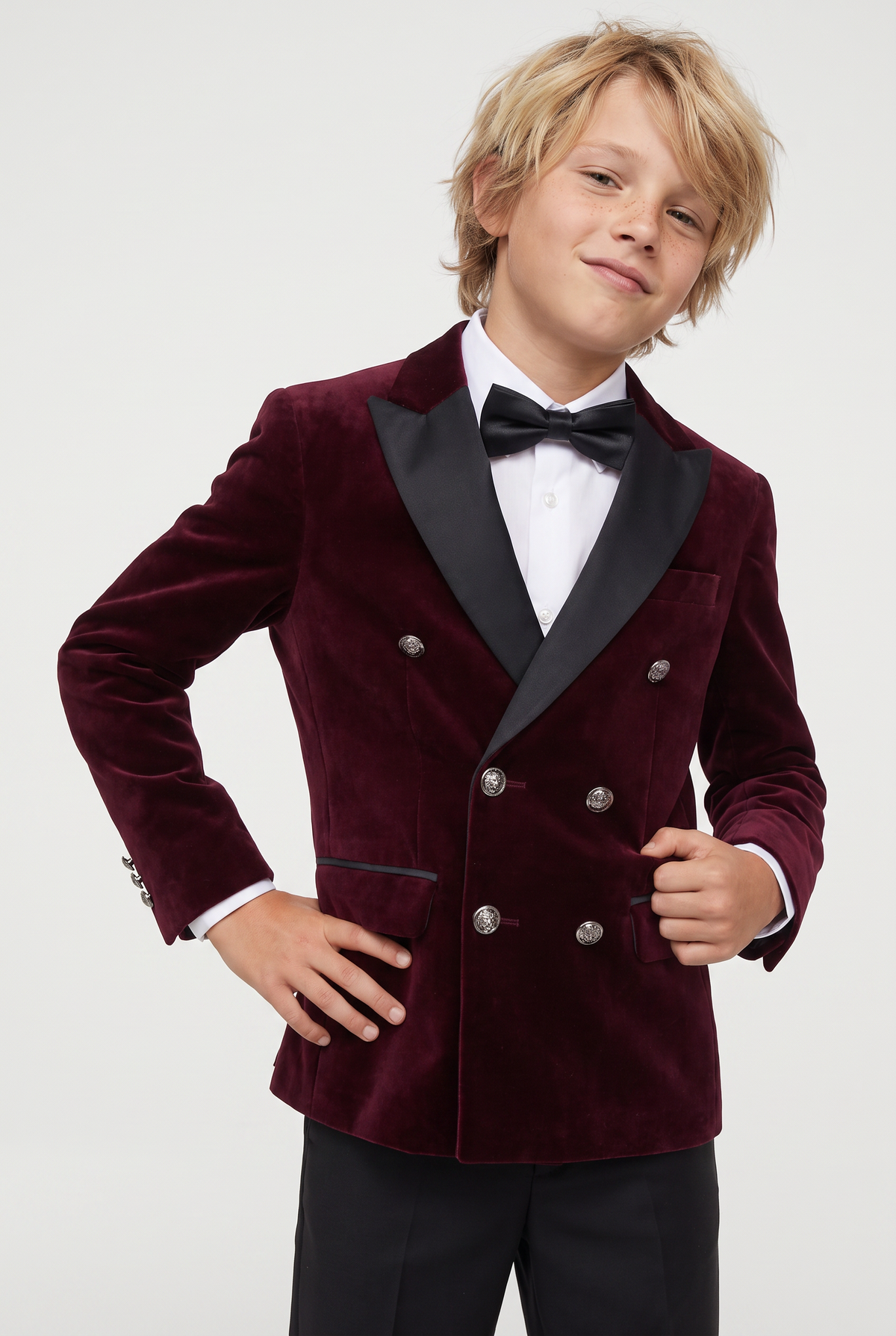 Boys Velvet Double Breasted Dinner Jacket - Burgundy Picture