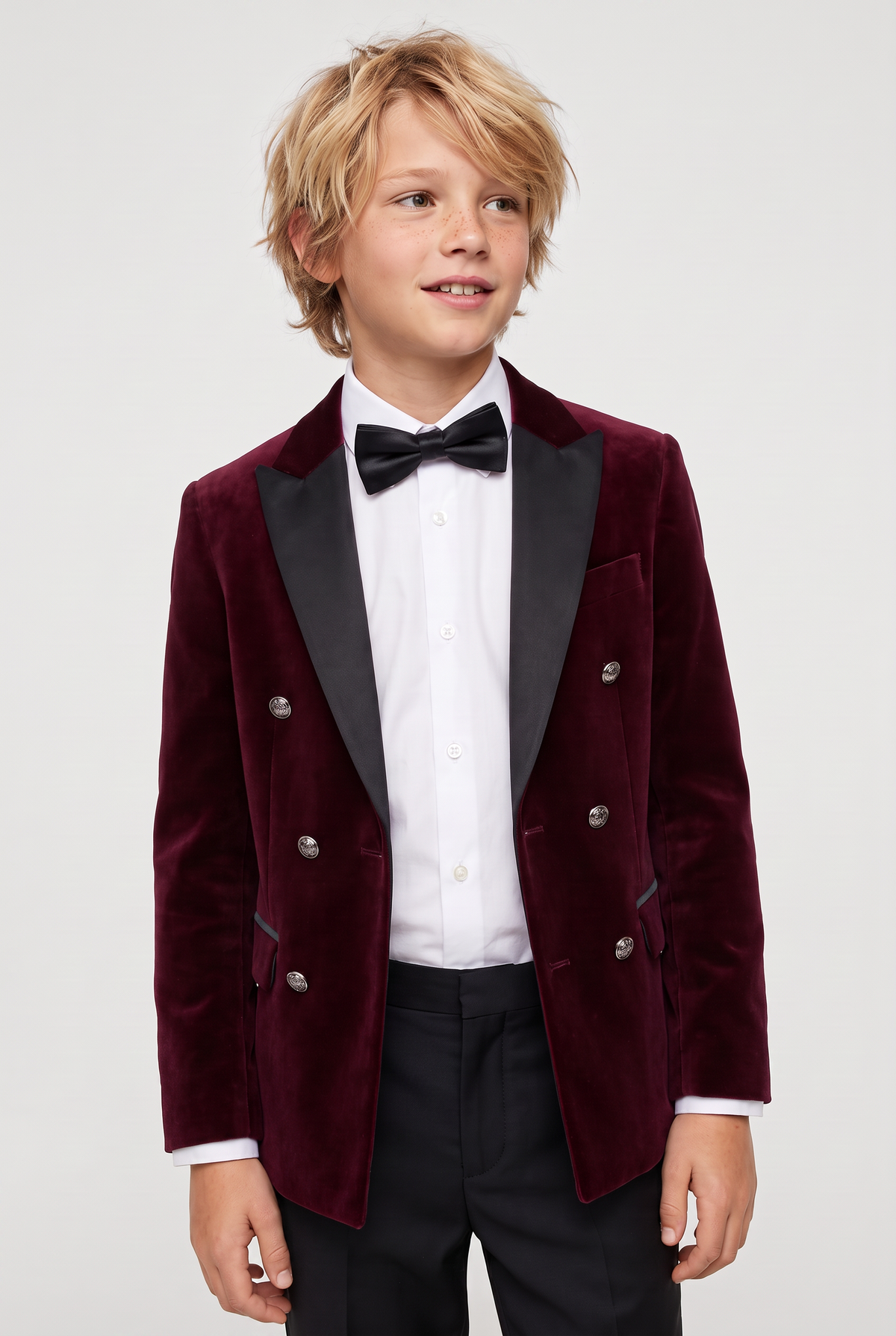 Boys Velvet Double Breasted Dinner Jacket - Burgundy Model Front Picture
