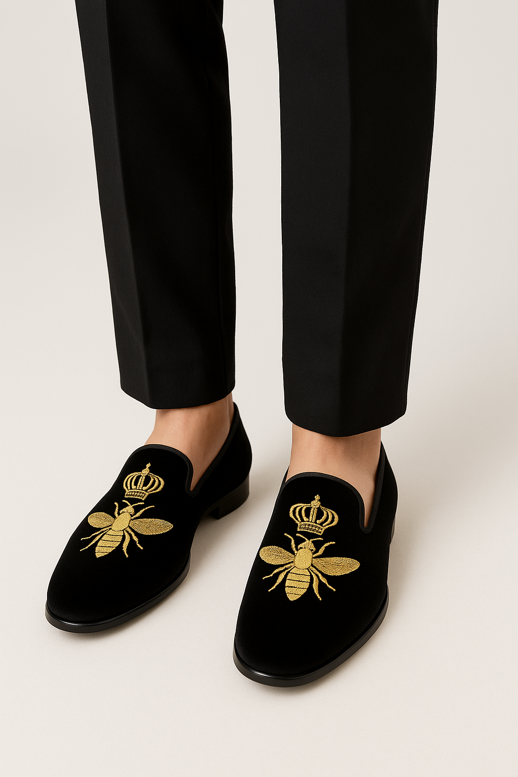 Boys Velvet Gold Bee Loafer Shoes - Black Model Picture