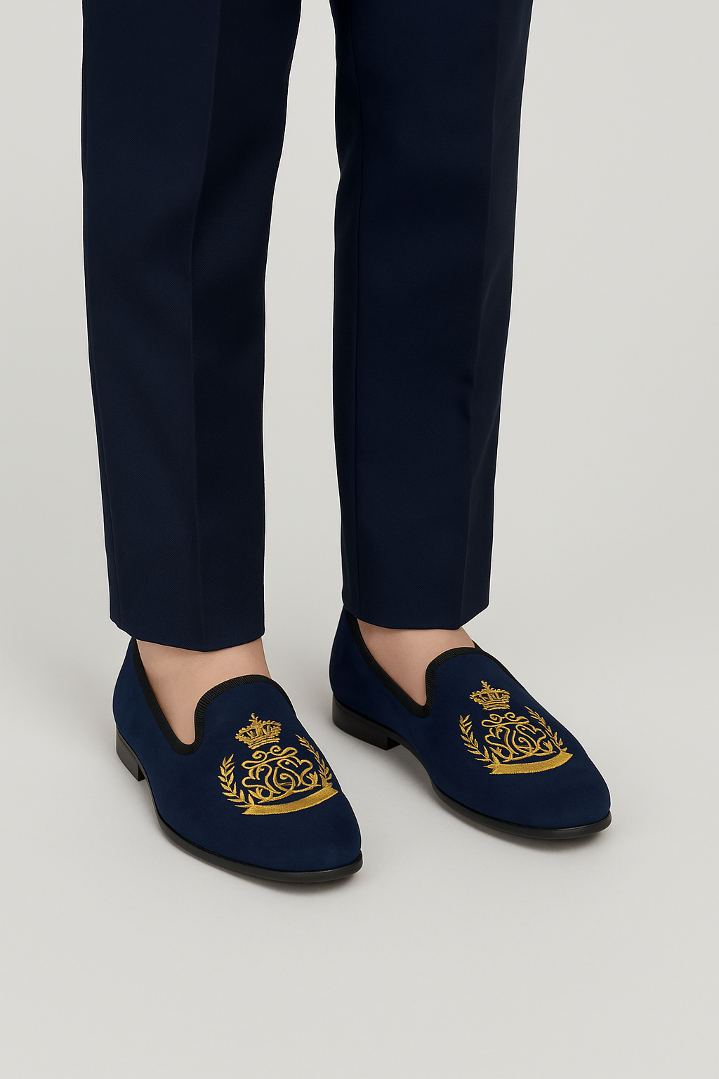 Boys Velvet Gold Crest Loafer Shoes - Navy Model Picture