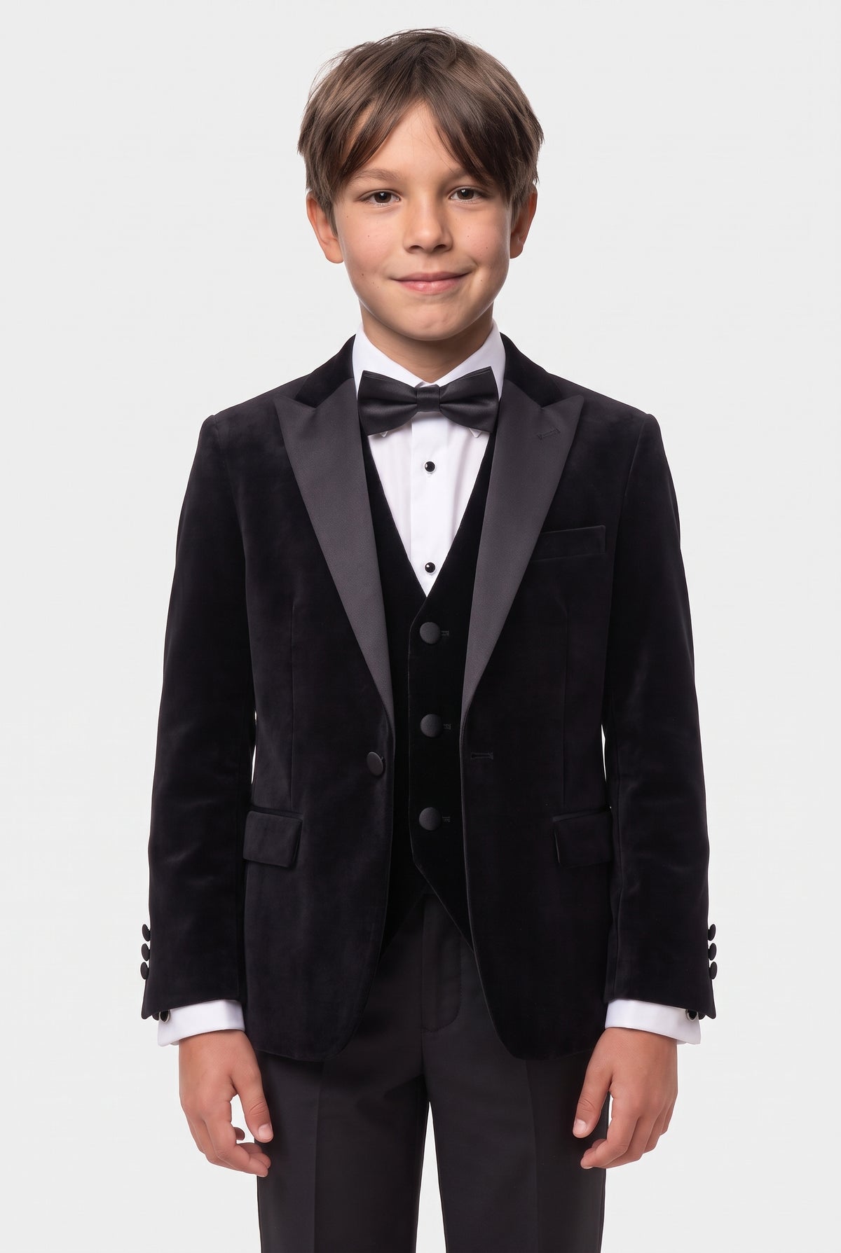 Boys Velvet Satin Lapel Tuxedo Dinner Suit Set - 4-Piece & 5-Piece - MAYFAIR - Black