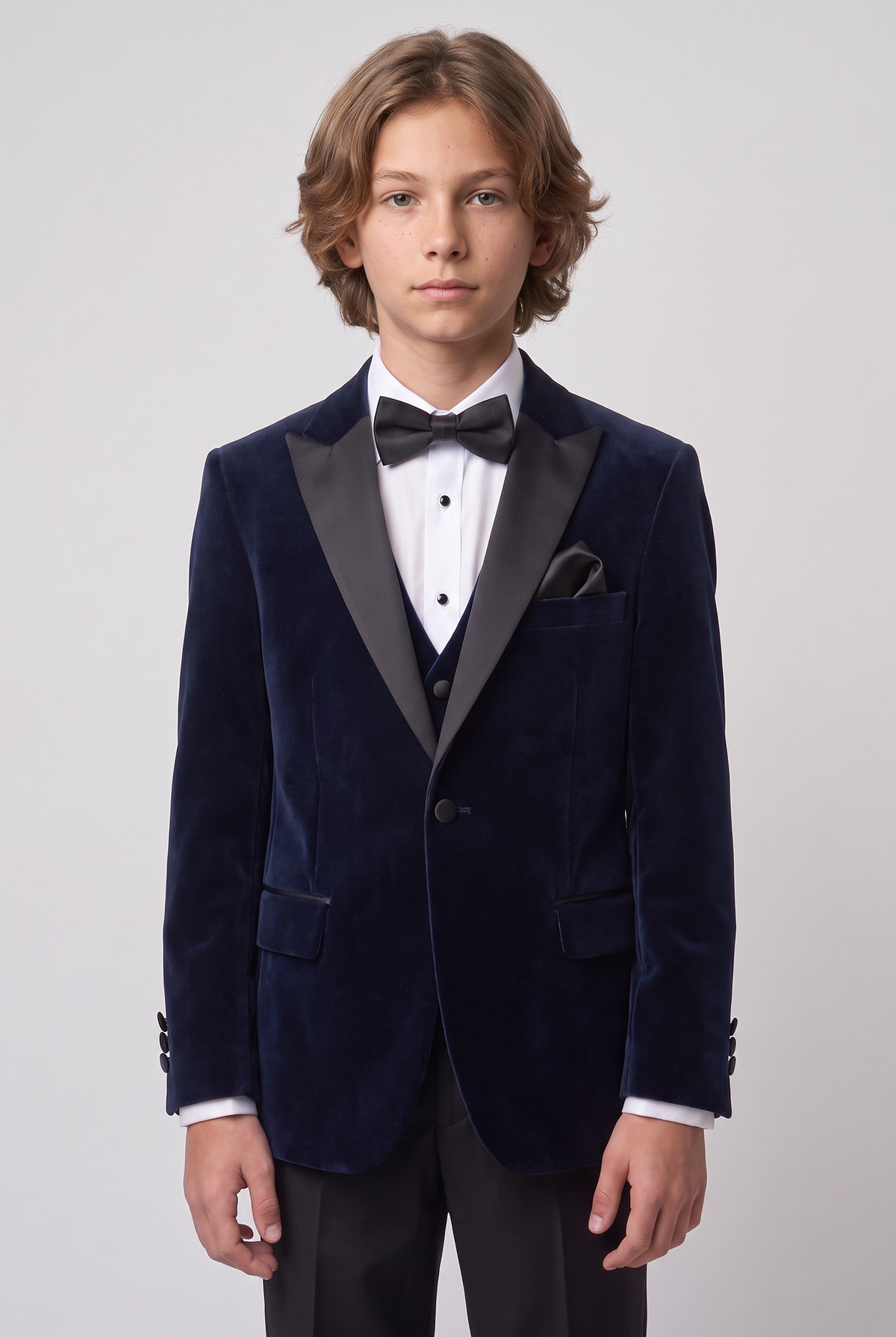 Boys Velvet Satin Lapel Tuxedo Dinner Suit Set - 4-Piece & 5-Piece - MAYFAIR - Navy Blue