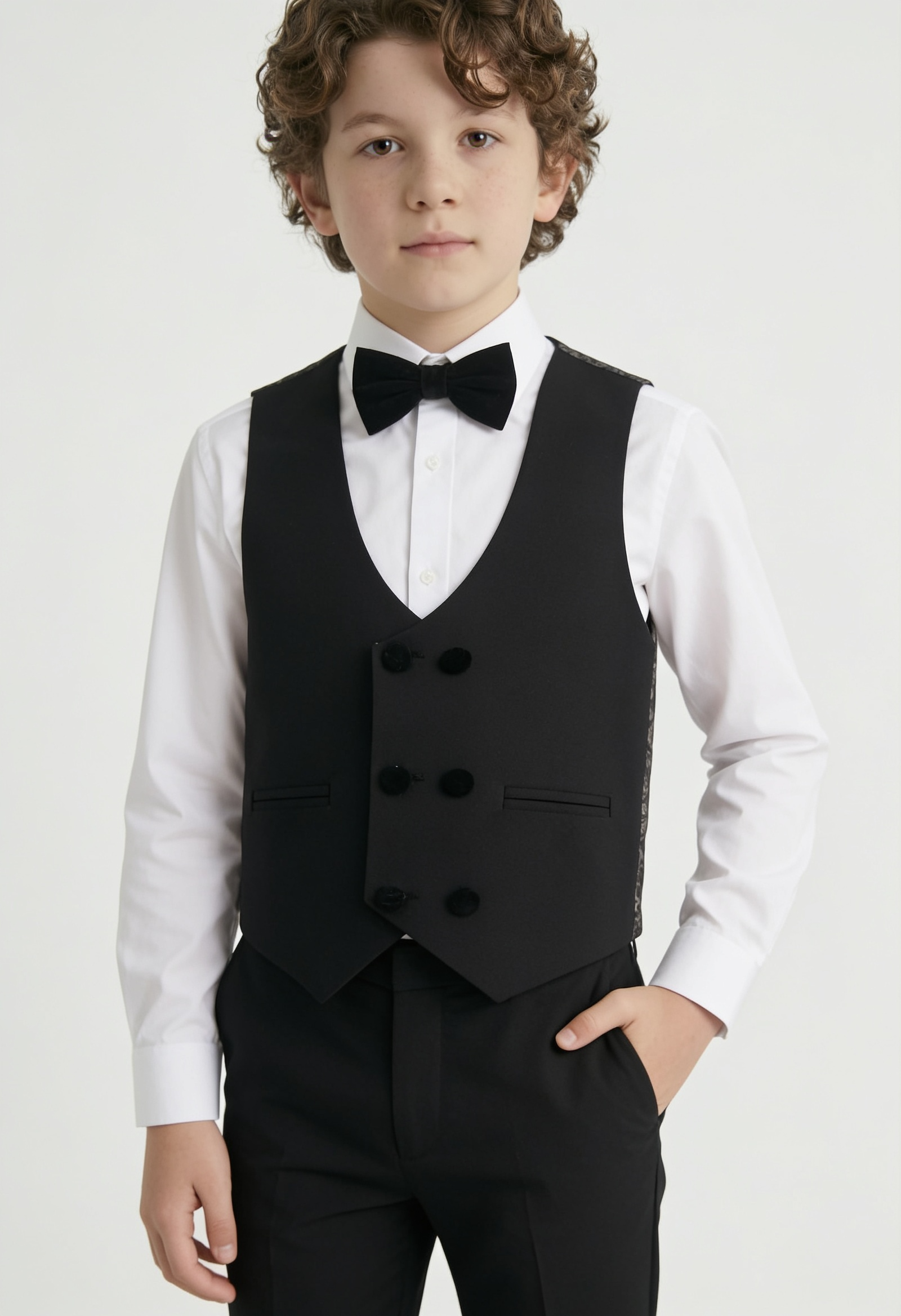 Traje de esmoquin de terciopelo para niño con cuello chal, de 4 y 5 piezas, en Negro