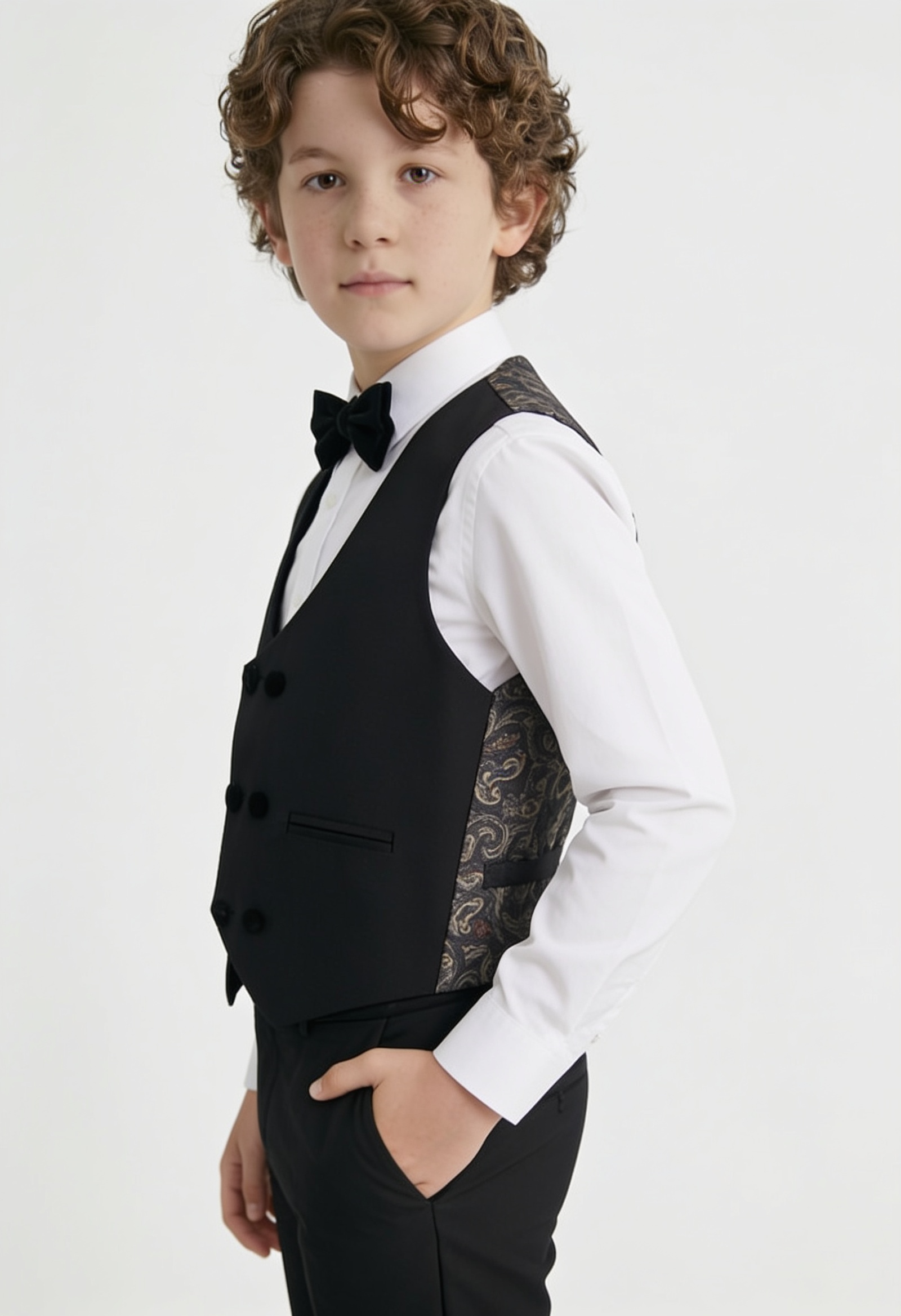 Traje de esmoquin de terciopelo para niño con cuello chal, de 4 y 5 piezas, en Negro