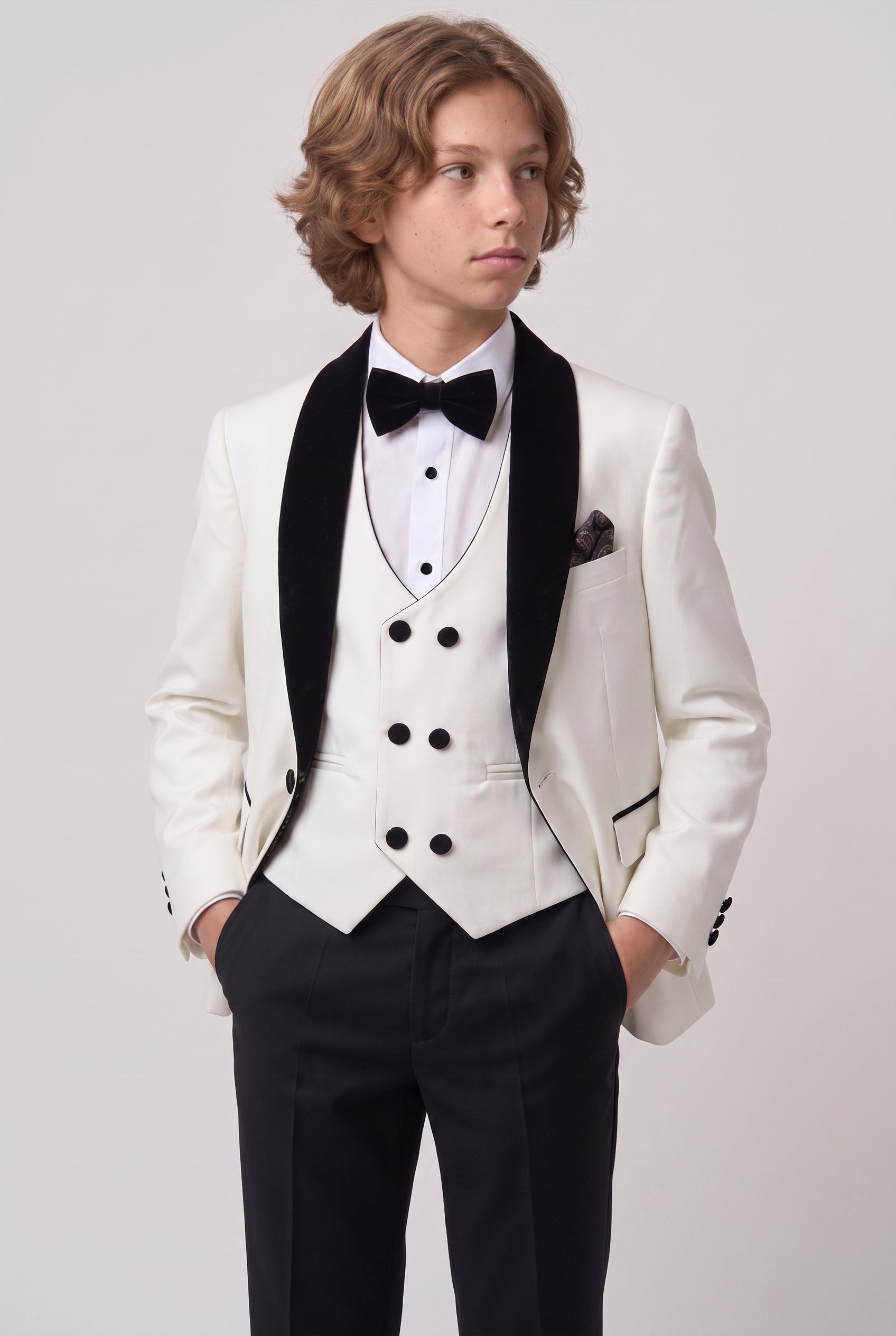 Boys Velvet Shawl Collar Tuxedo Suit - 4-Piece & 5-Piece in Ivory Model Picture