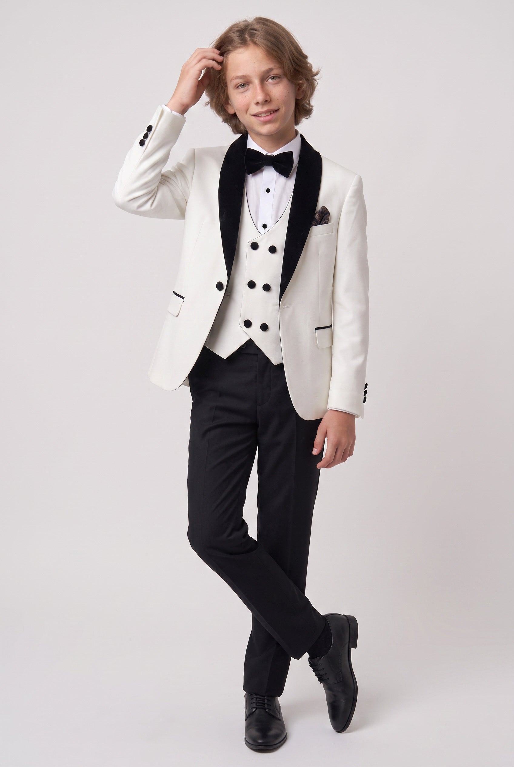 Boys Velvet Shawl Collar Tuxedo Suit - 4-Piece & 5-Piece in Ivory Model Front Picture