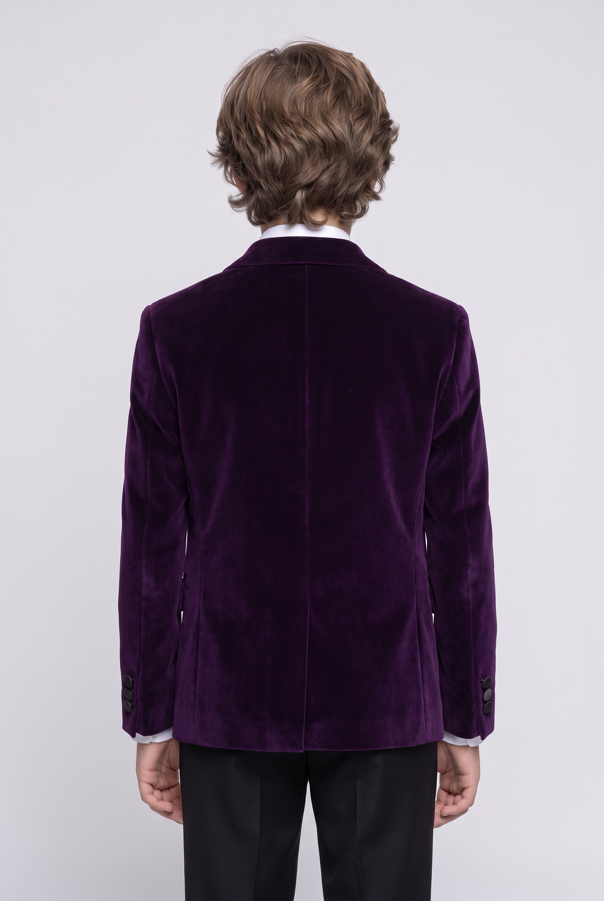 Boys Velvet Slim Fit Formal Blazer - Hackney - Purple Model Back Picture