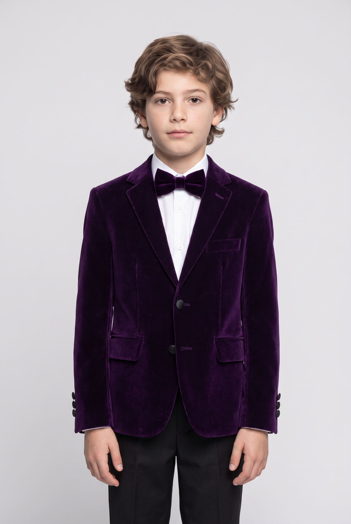Boys Velvet Slim Fit Formal Blazer - Hackney - Purple Model Picture