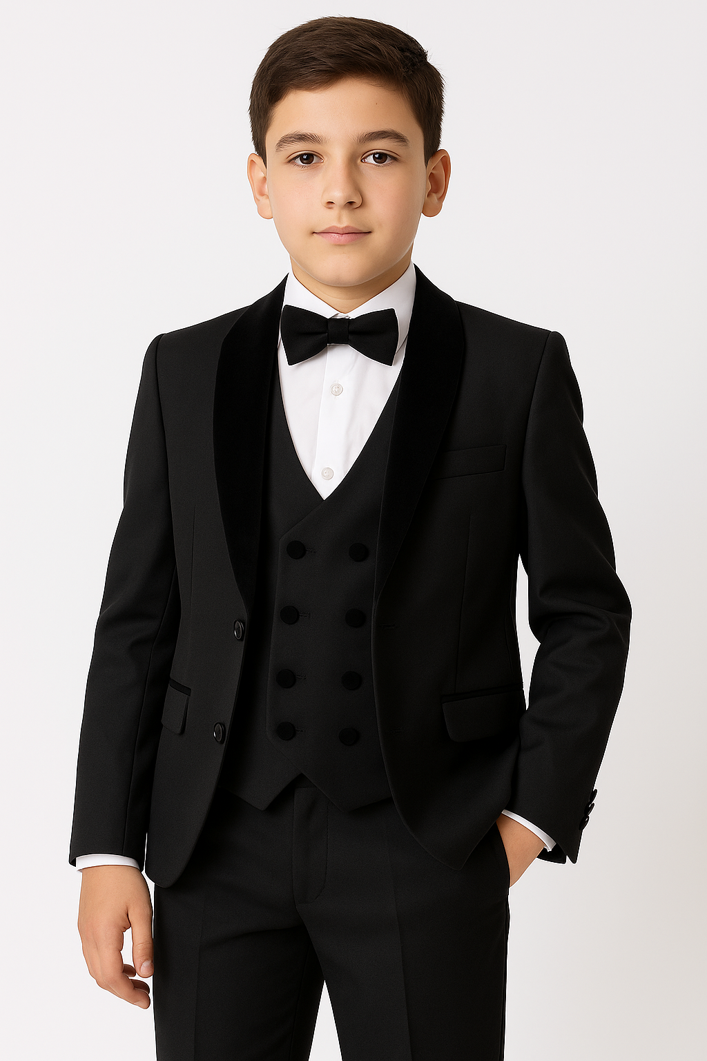 Boys Velvet Trim Black Formal Suit - Black Model Picture