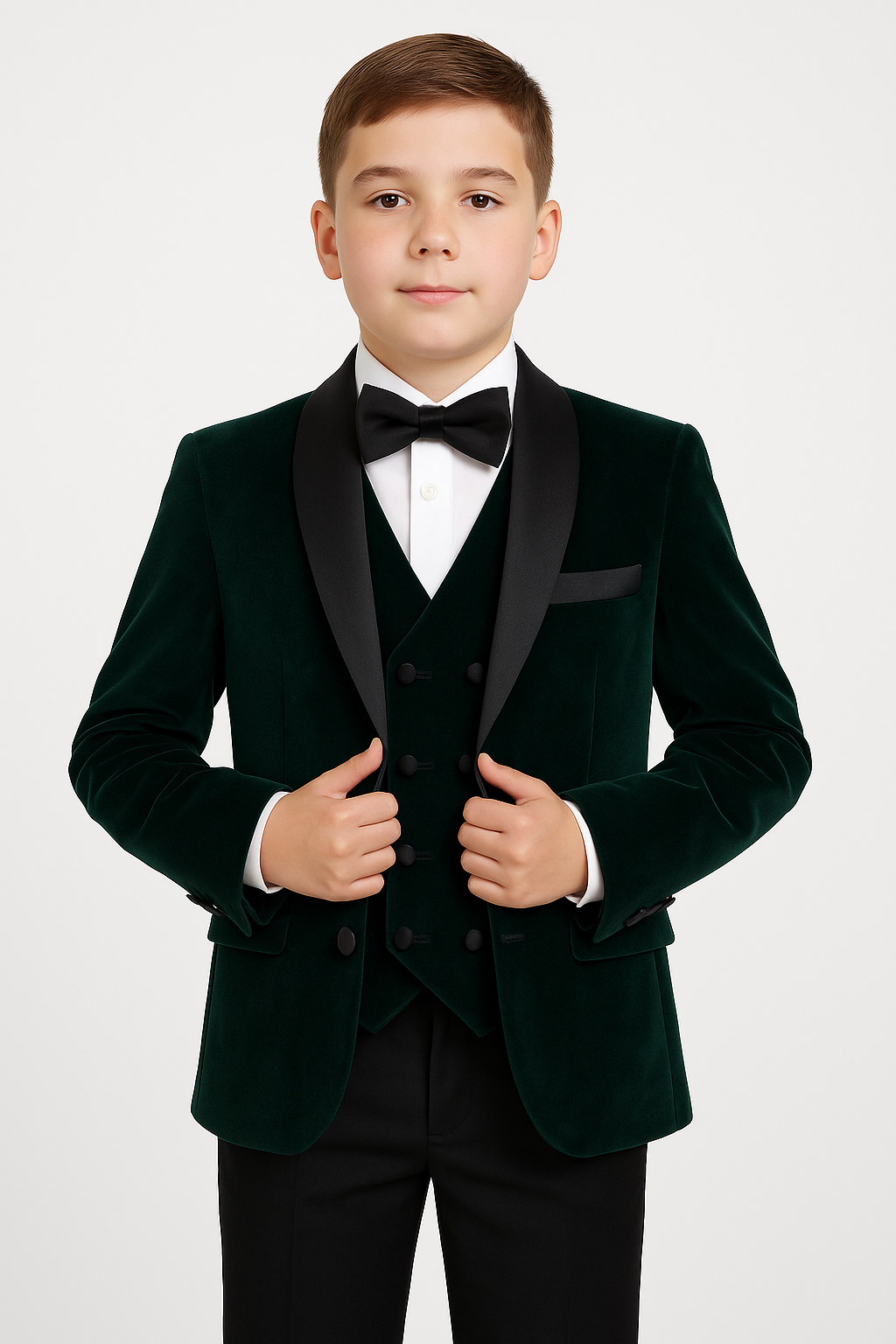 Boys Velvet Tuxedo Suit with Double-breasted Vest - Green