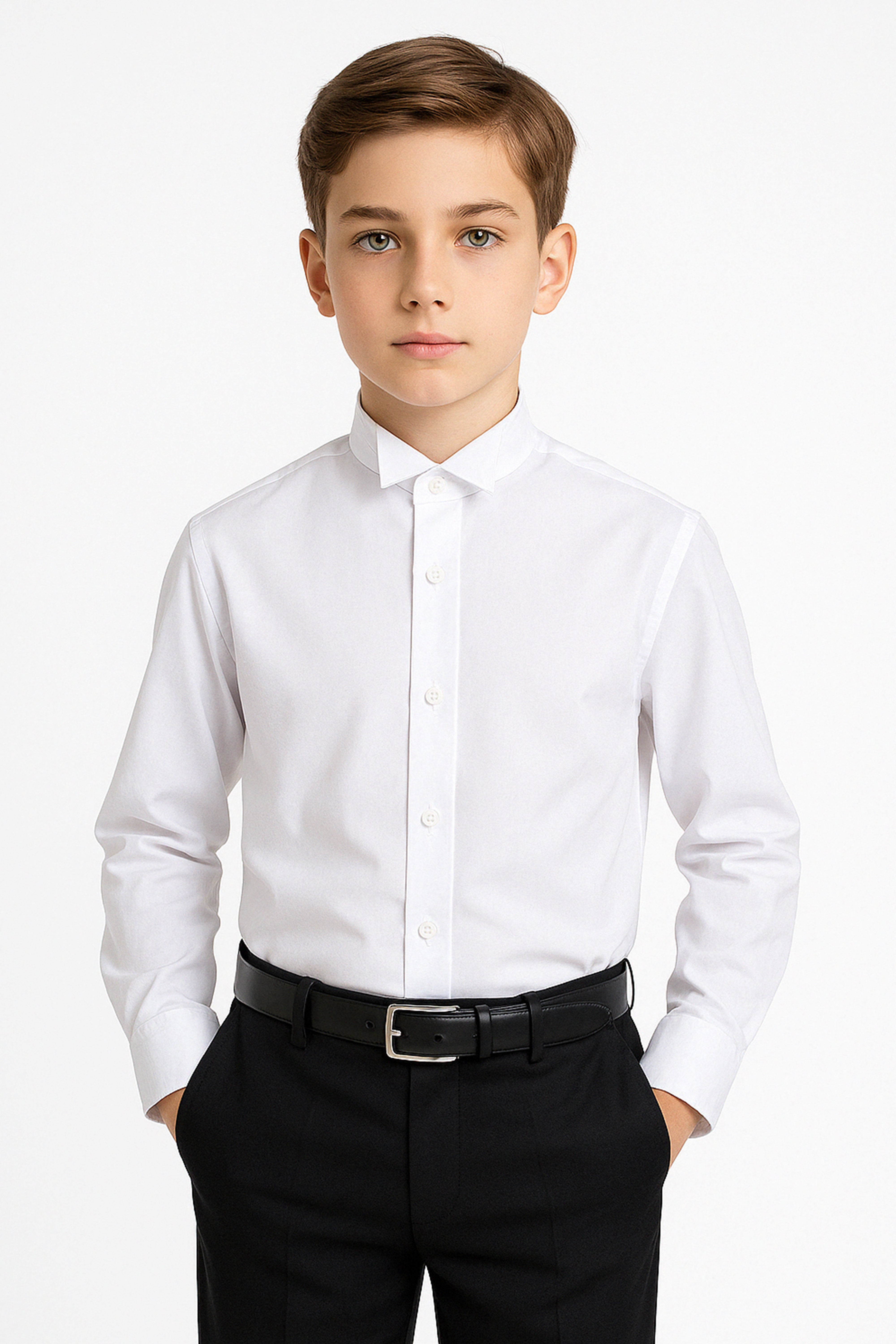 Boys Wing Collar Slim Fit Tuxedo White Shirt - White Front Picture