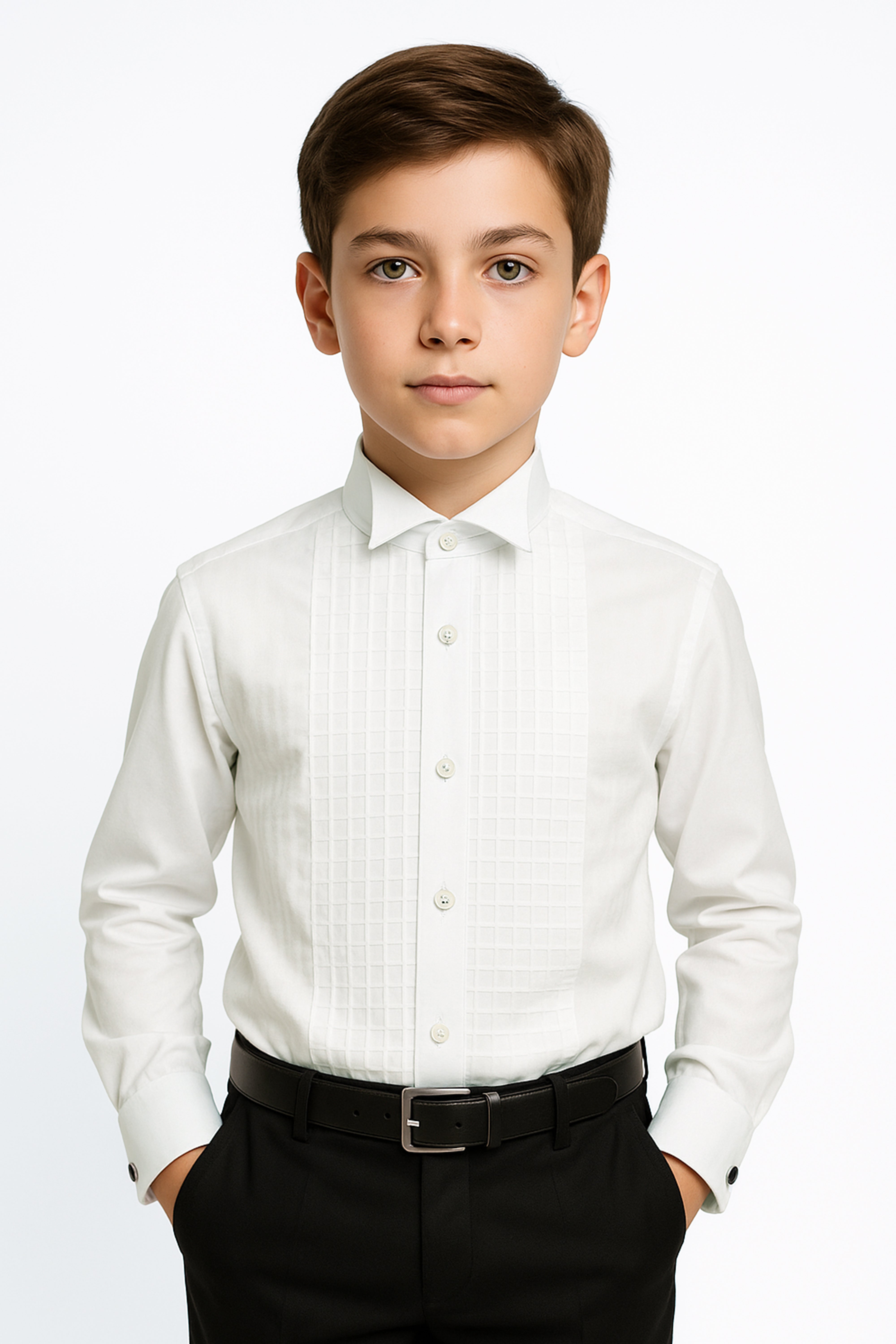 Boys Wing Collar Square Pleated Cufflink Shirt - Cream Front Picture
