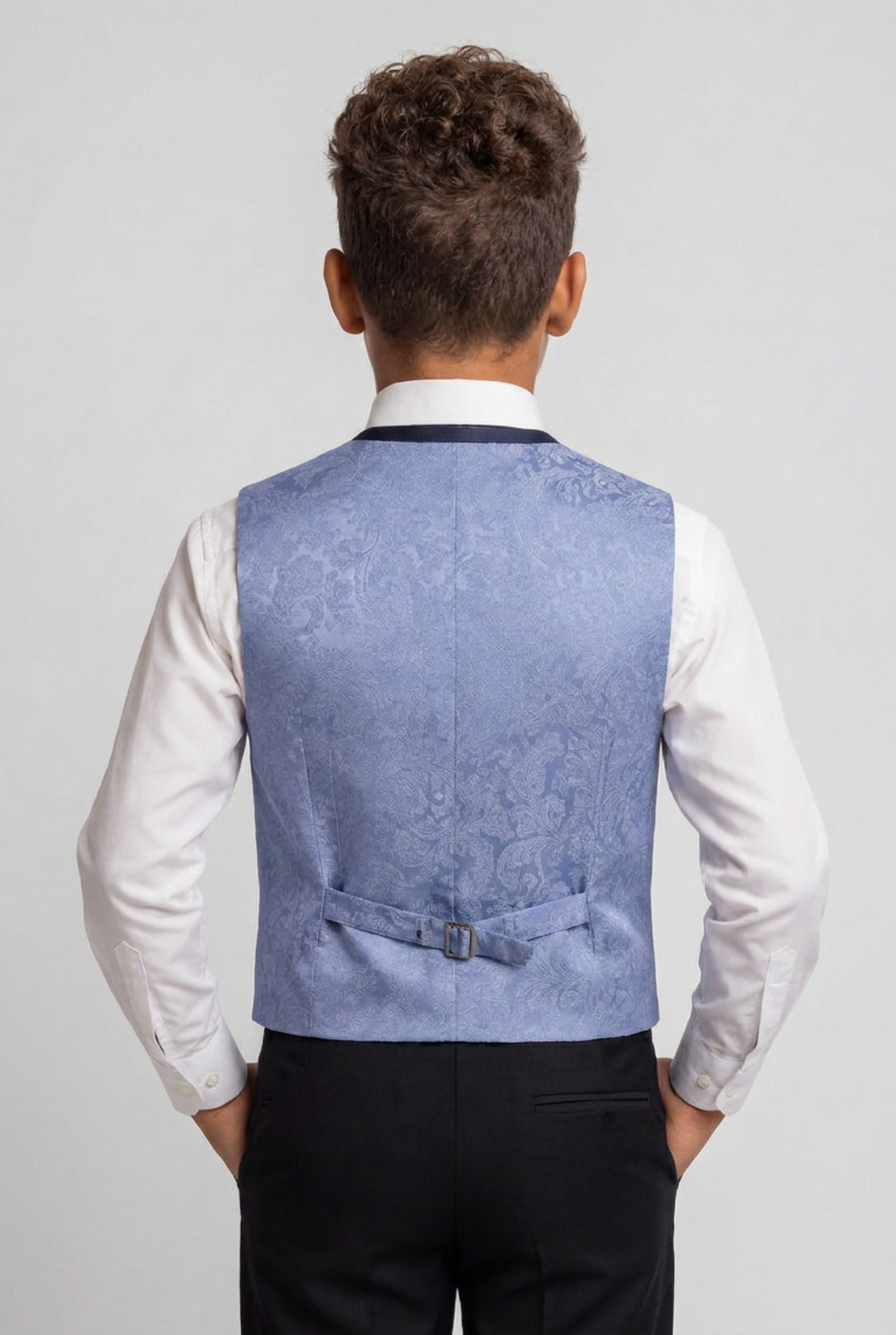 Ensemble gilet et cravate jacquard à motif cachemire 4 pièces pour garçon - Bleu
