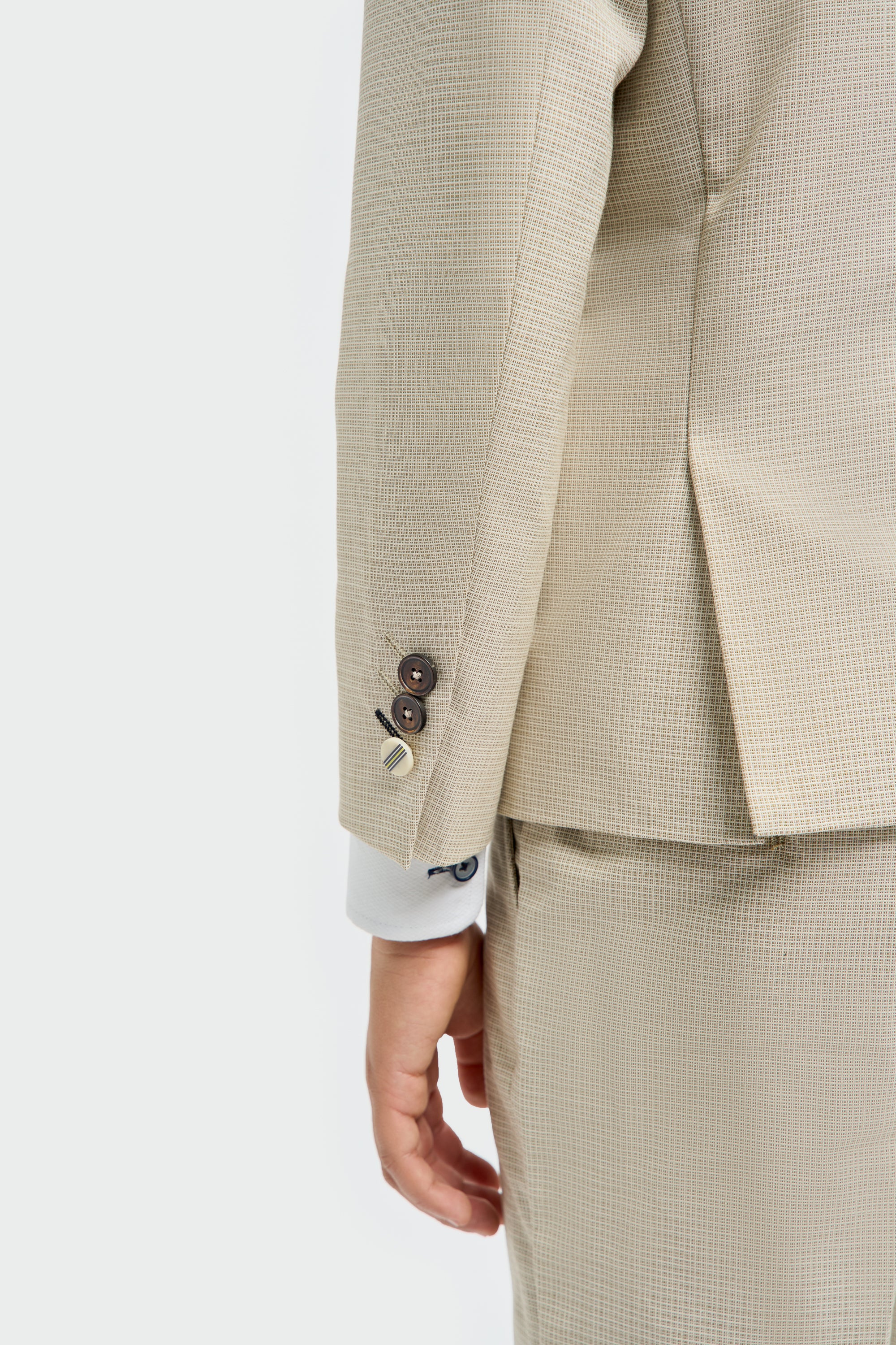 Boys’ 3-Piece Beige Cotton Microcheck Suit - Hampton Detail Picture