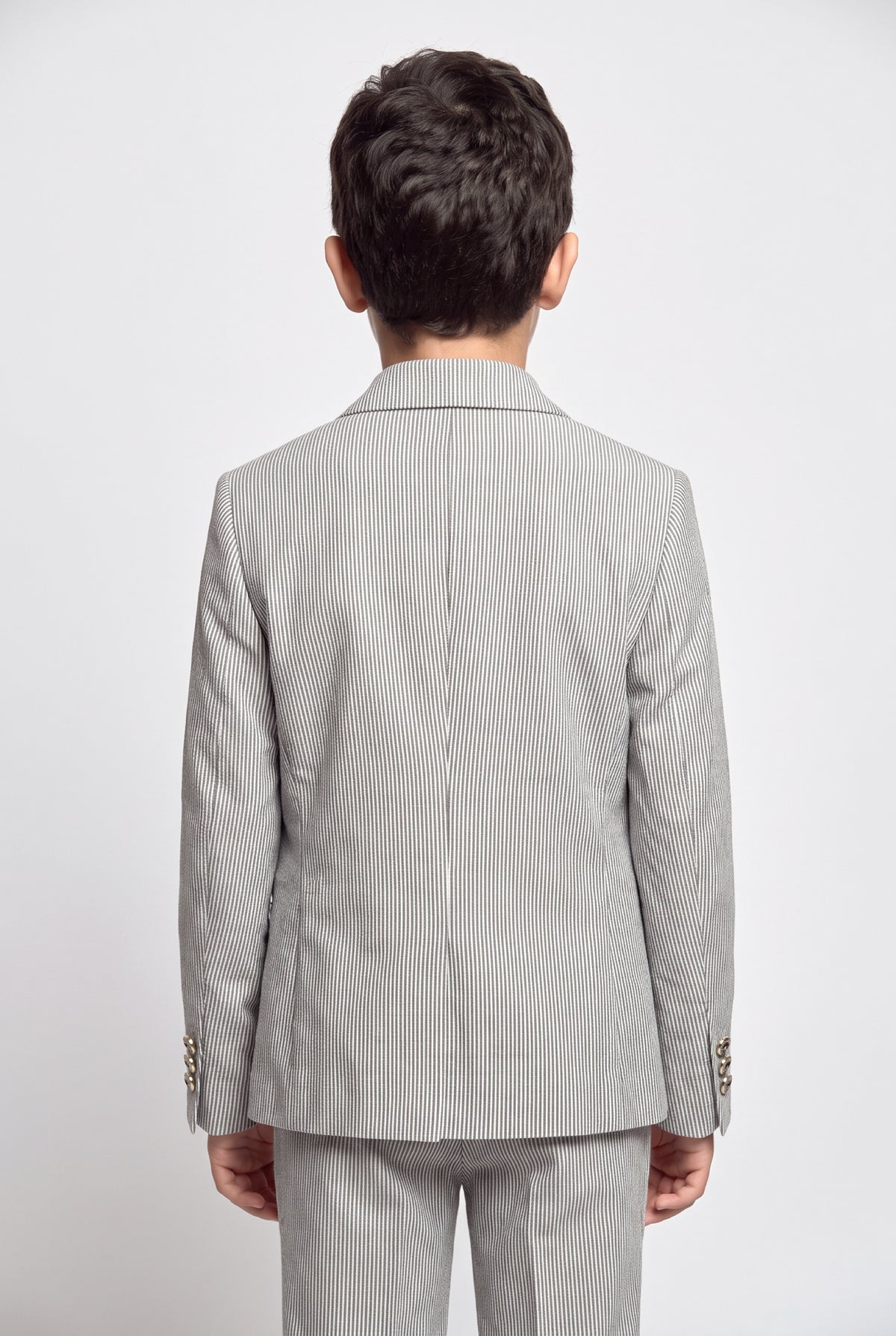 Boys’ 3-Piece Pinstripe Double-Breasted Suit - Grey Model Back Picture