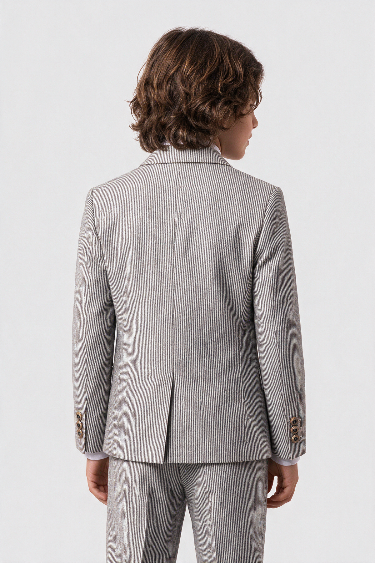 Boys’ 3-Piece Pinstripe Double-Breasted Suit - Off-White & Navy model back picture