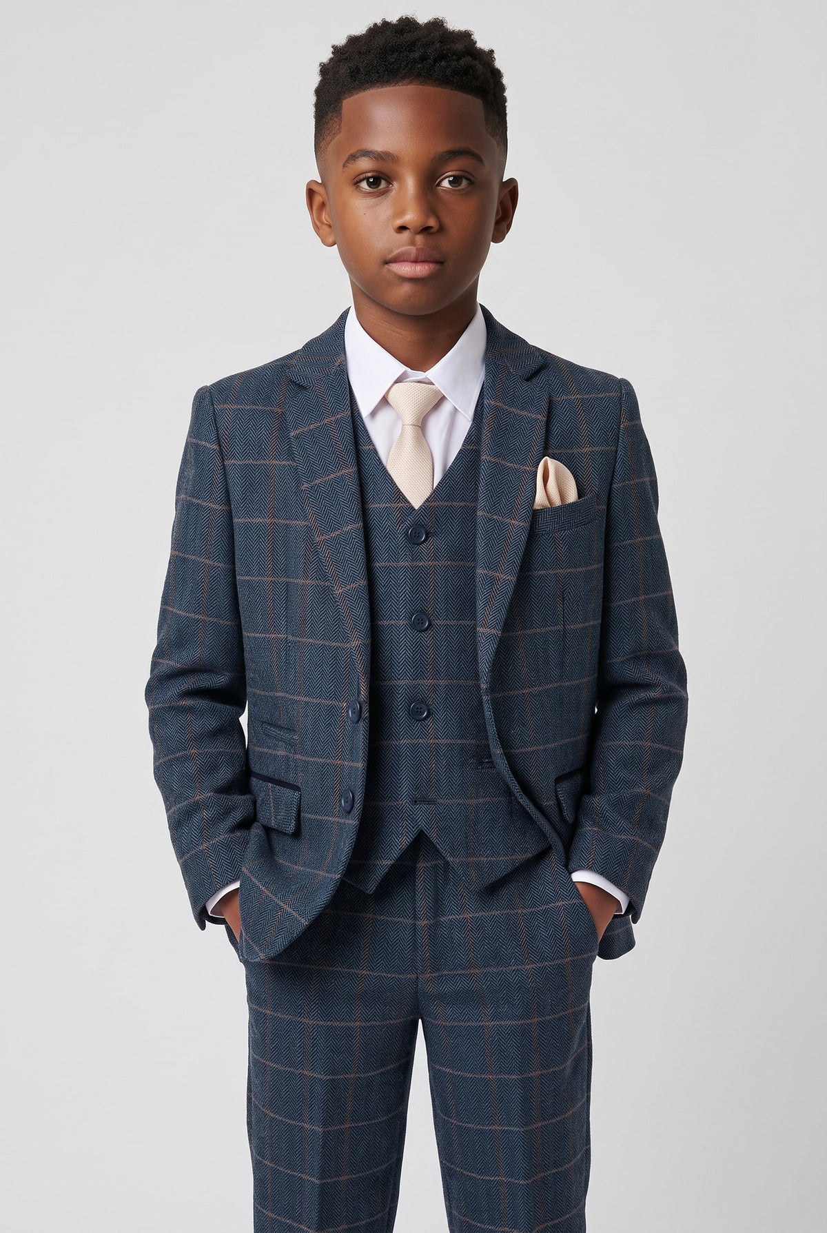 Boys 3-Piece Herringbone Windowpane Check Suit - Paul Andrew Harris Navy
