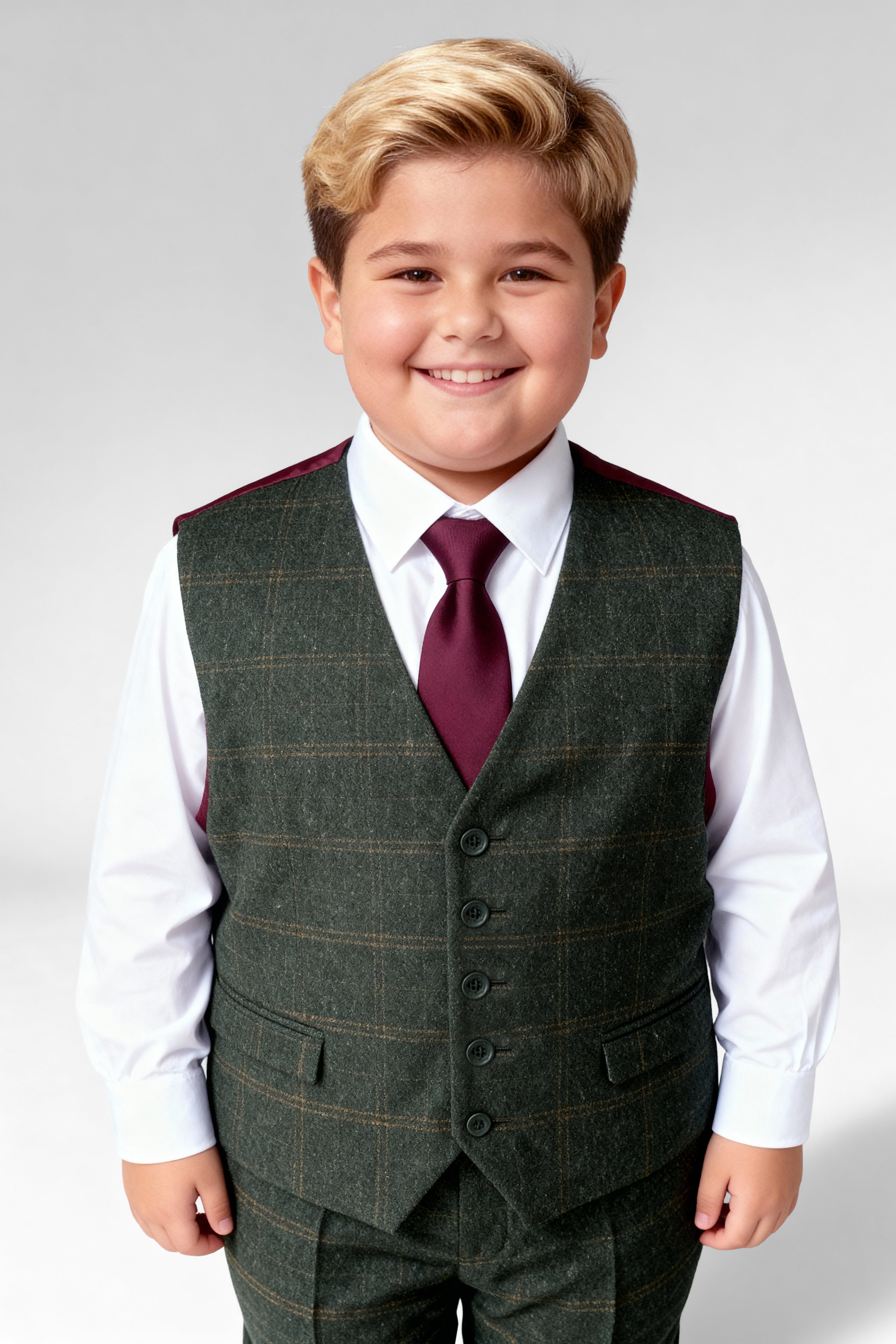Boys 3-Piece Wool Tweed Windowpane Check Suit - Joshua - Forest Green