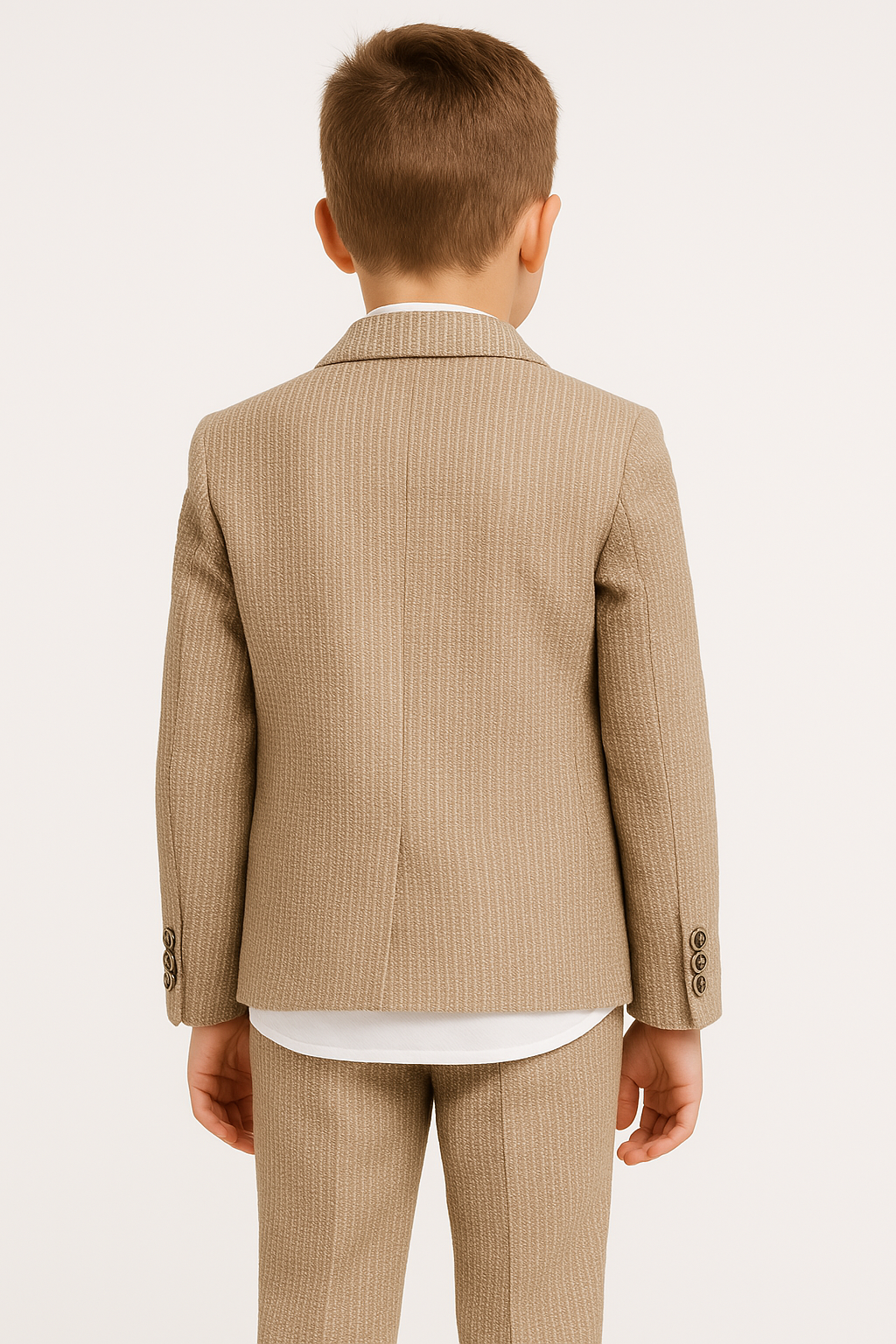 Boys’ 4-Piece Textured Pinstripe Double-Breasted Suit - Camel Beige Back Picture