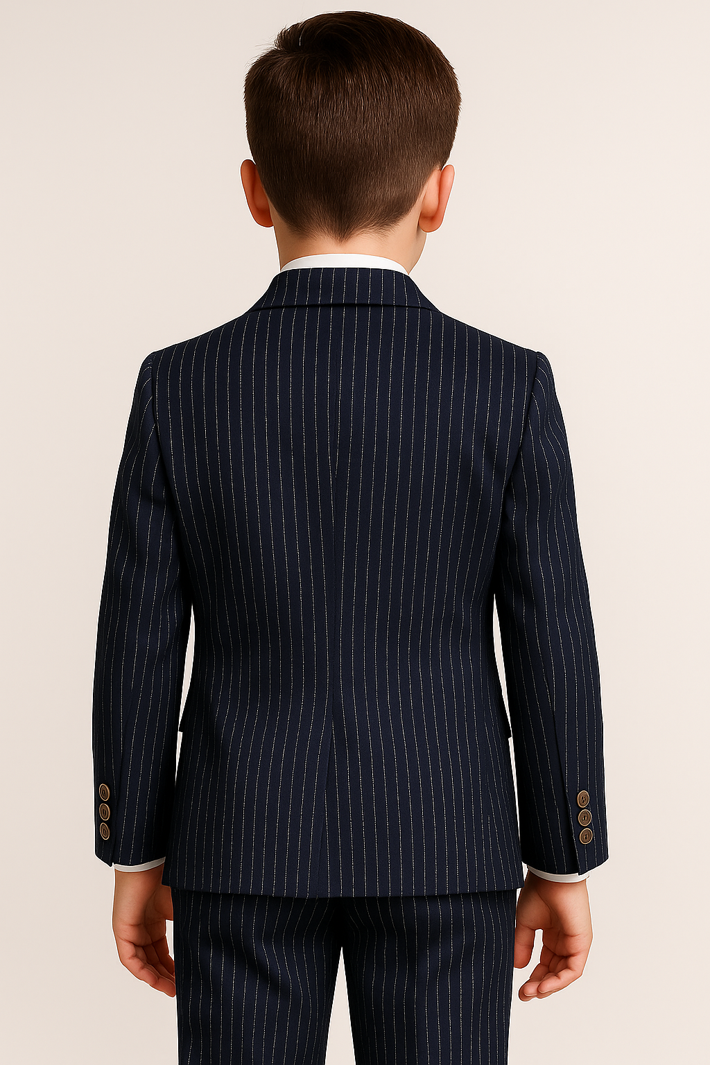 Boys’ 4-Piece Textured Pinstripe Double-Breasted Suit - Navy Bue Back Picture