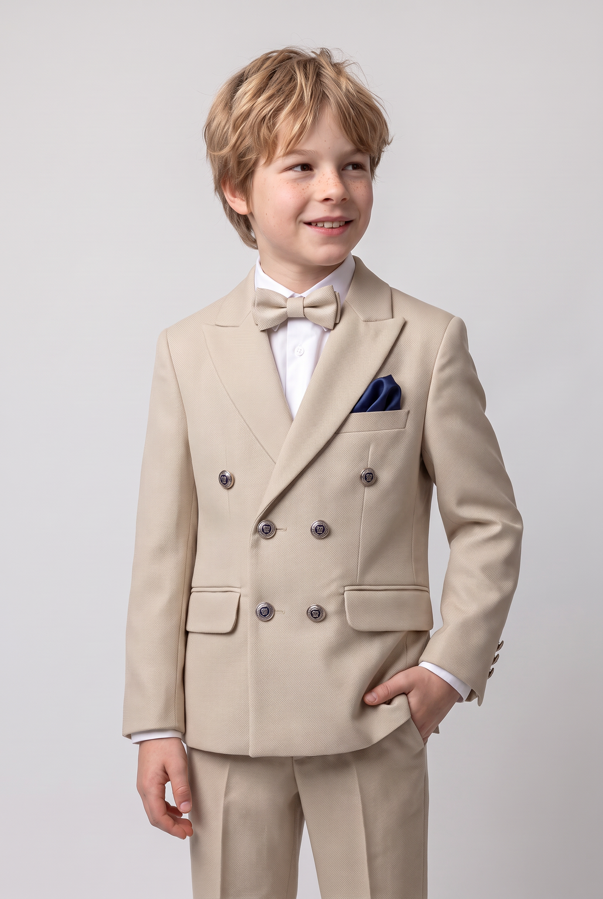 Boys’ 4-Piece Textured Double Breasted Formal Suit - Montero Cream Picture