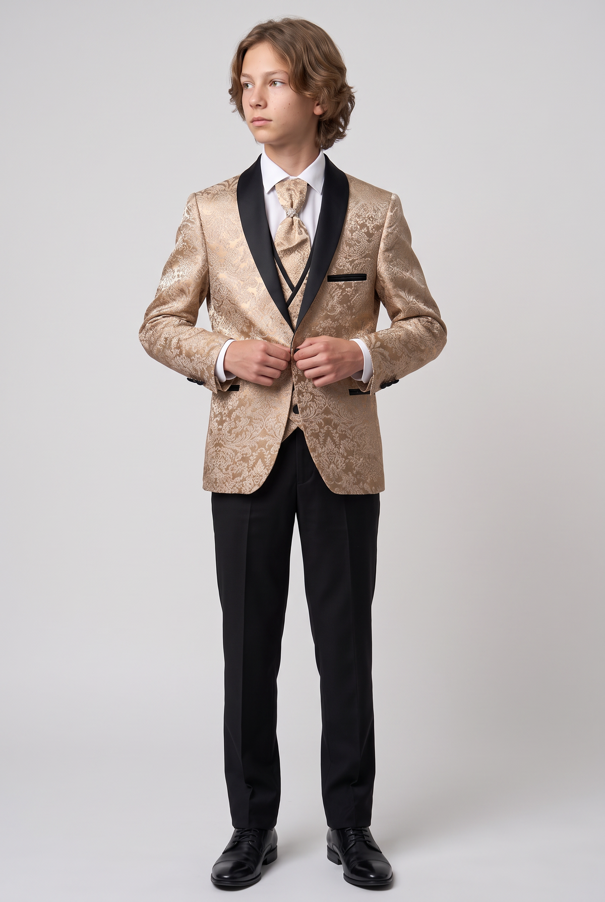 Traje de esmoquin floral jacquard de 5 piezas para niños con chaleco cruzado - Dorado