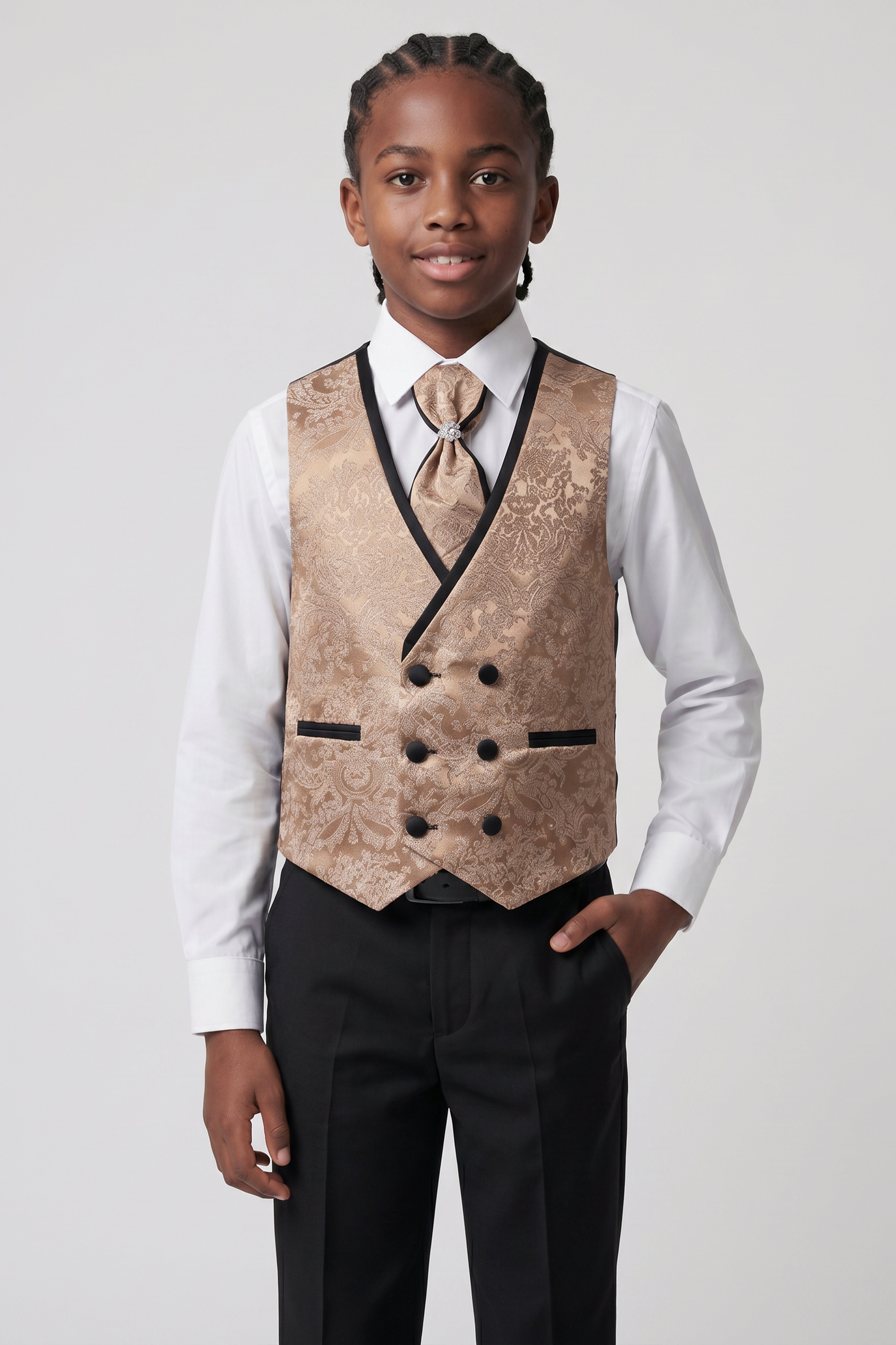 Traje de esmoquin floral jacquard de 5 piezas para niños con chaleco cruzado - Dorado
