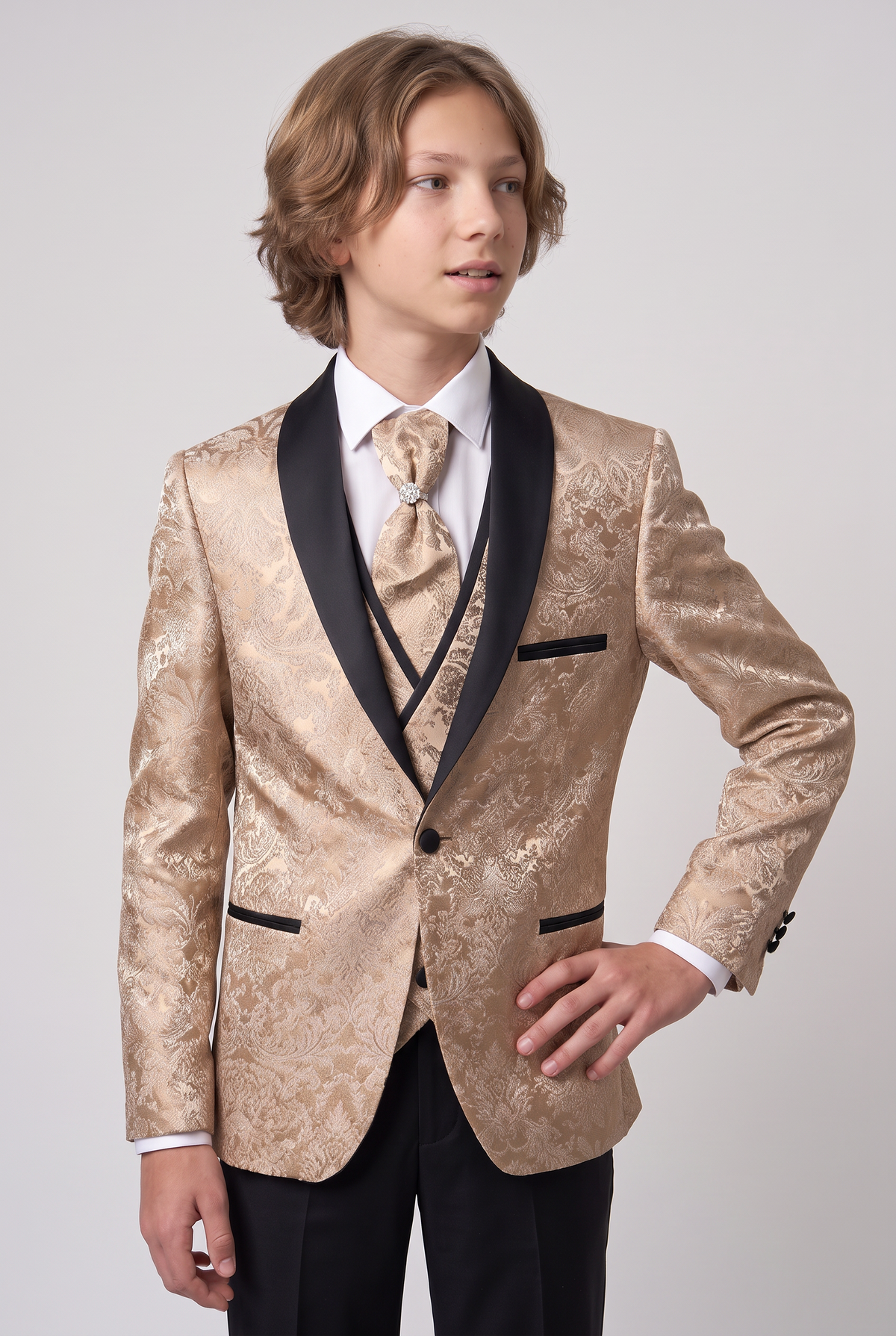 Traje de esmoquin floral jacquard de 5 piezas para niños con chaleco cruzado - Dorado