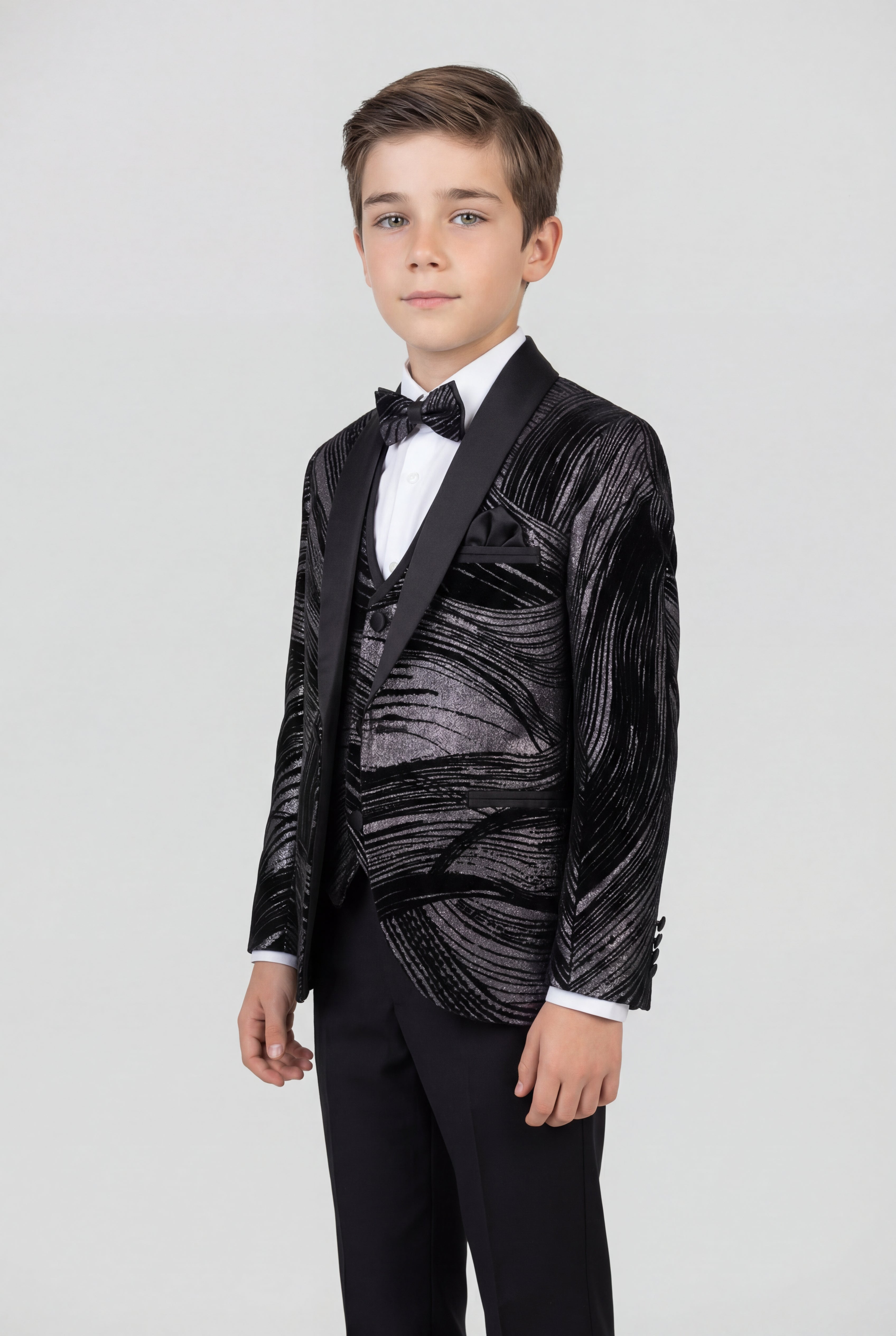 Boys 5-Piece Metallic Jacquard Tuxedo Suit - Black and Silver Side picture
