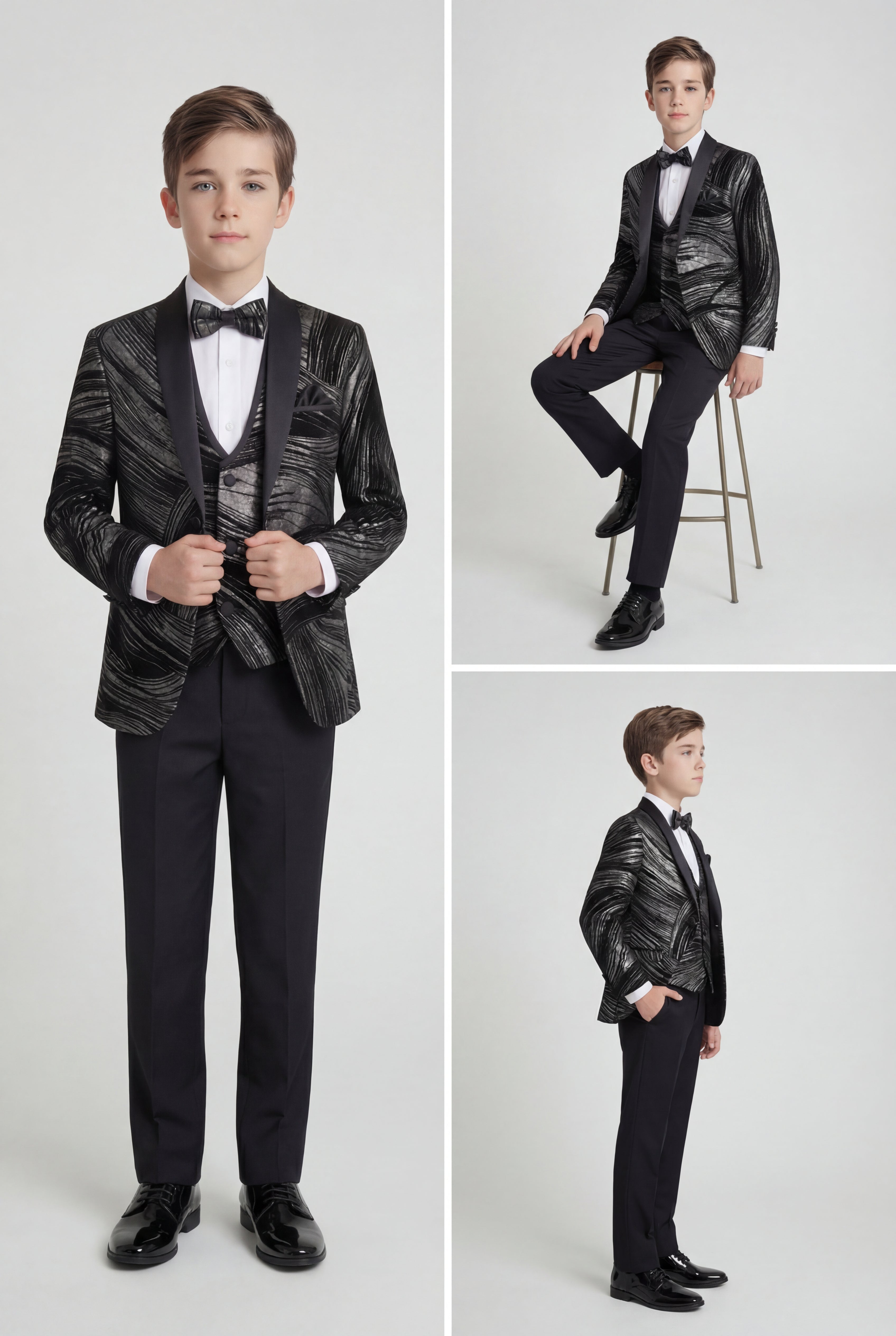 Boys 5-Piece Metallic Jacquard Tuxedo Suit - Black and Silver
