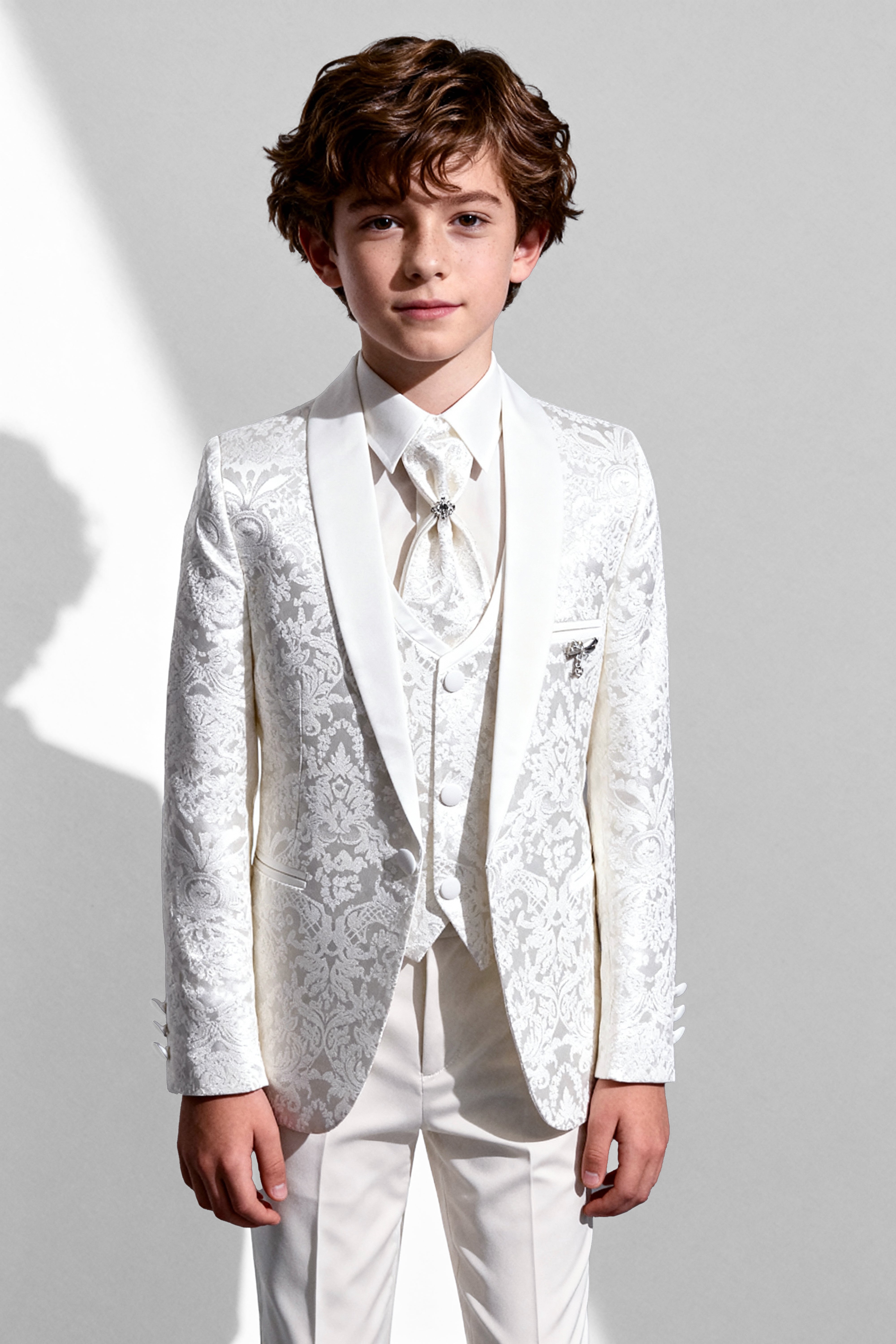 Boys 5-Piece Paisley Jacquard Communion Tuxedo Suit  - Ivory Model Picture
