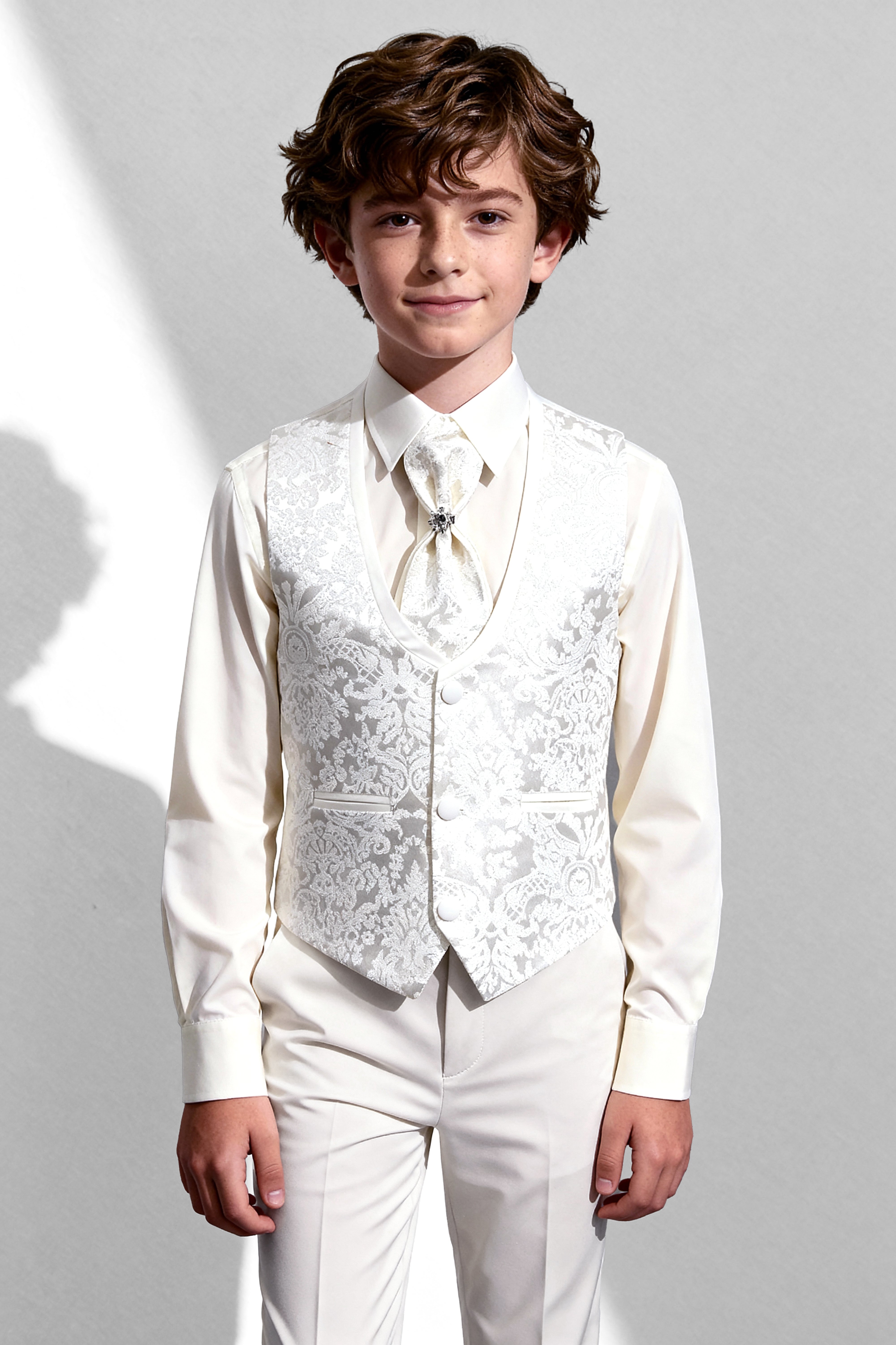 Boys 5-Piece Paisley Jacquard Communion Tuxedo Suit - Ivory