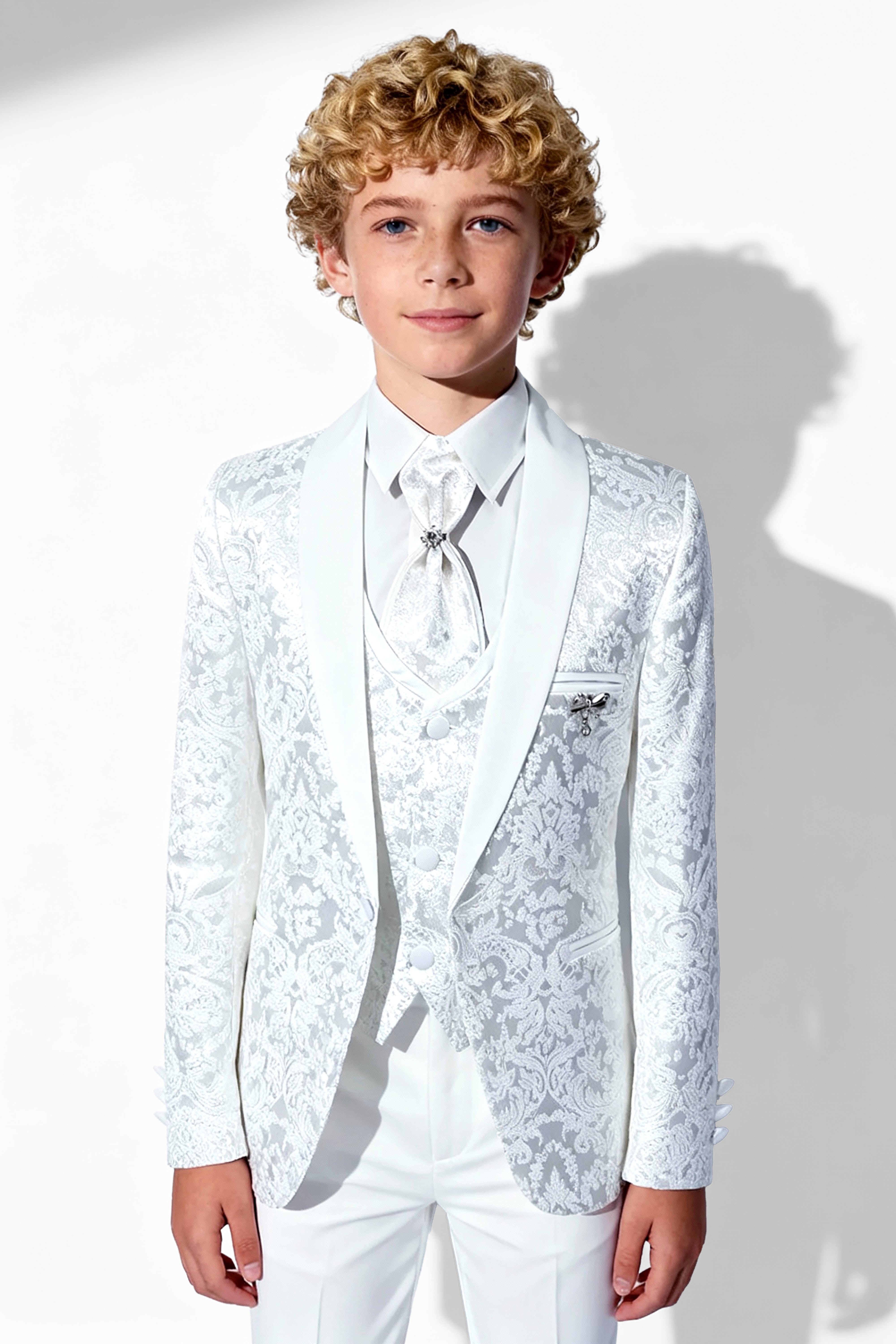 Boys 5-Piece Paisley Jacquard Communion Tuxedo Suit - White Model Picture