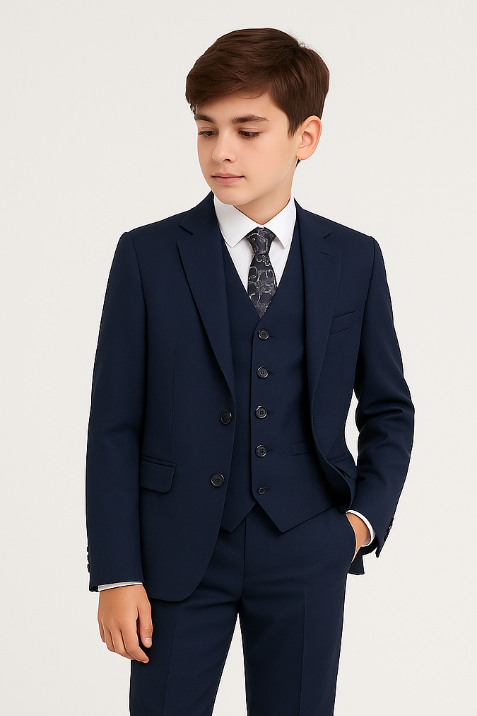 Boys 5-Piece Tailored Fit Formal Suit - Grant - Navy Blue Model Picture