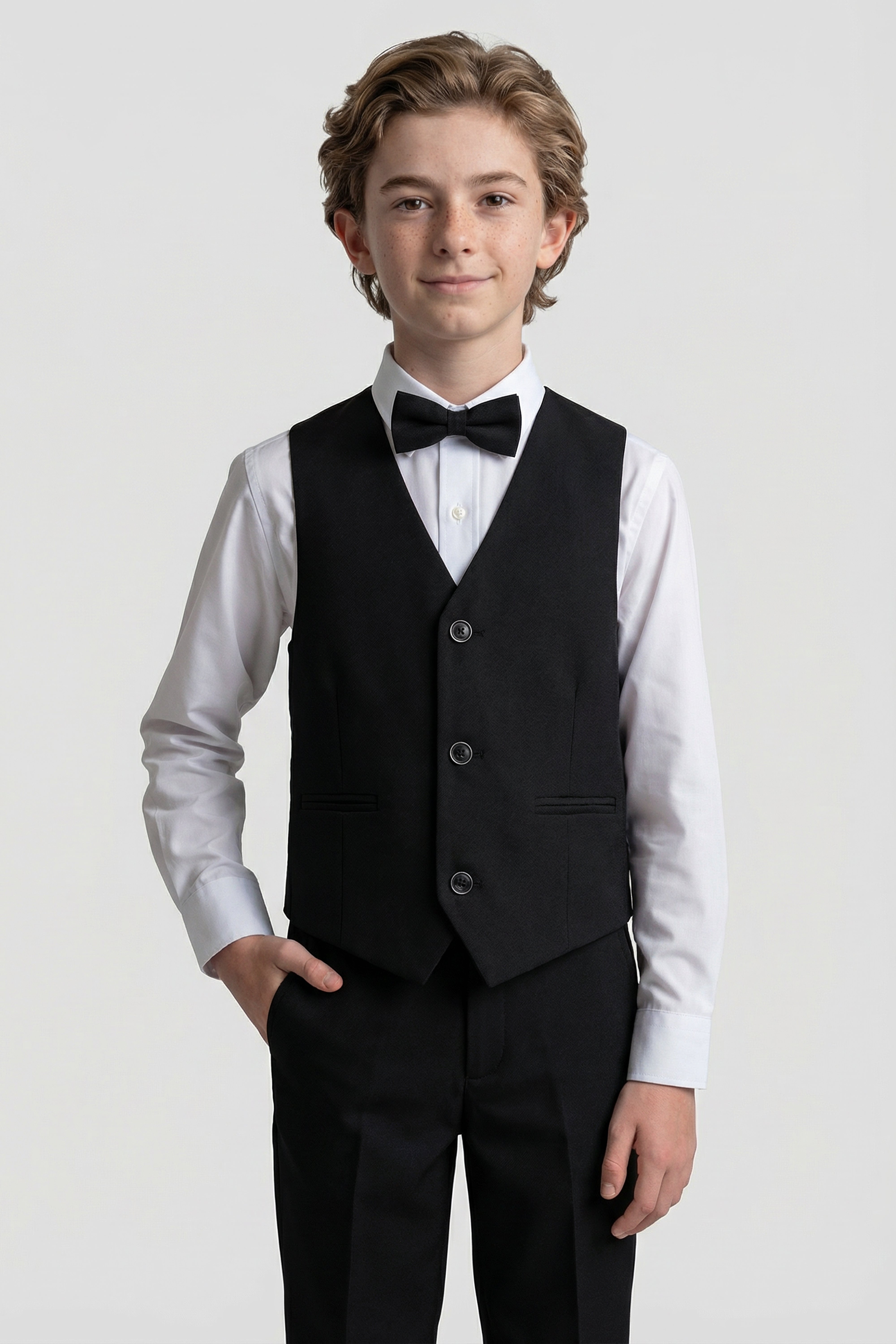 Boys’ 6-Piece Formal Ottoman Suit with Mandarin Collar - Black Waistcoat Front Picture