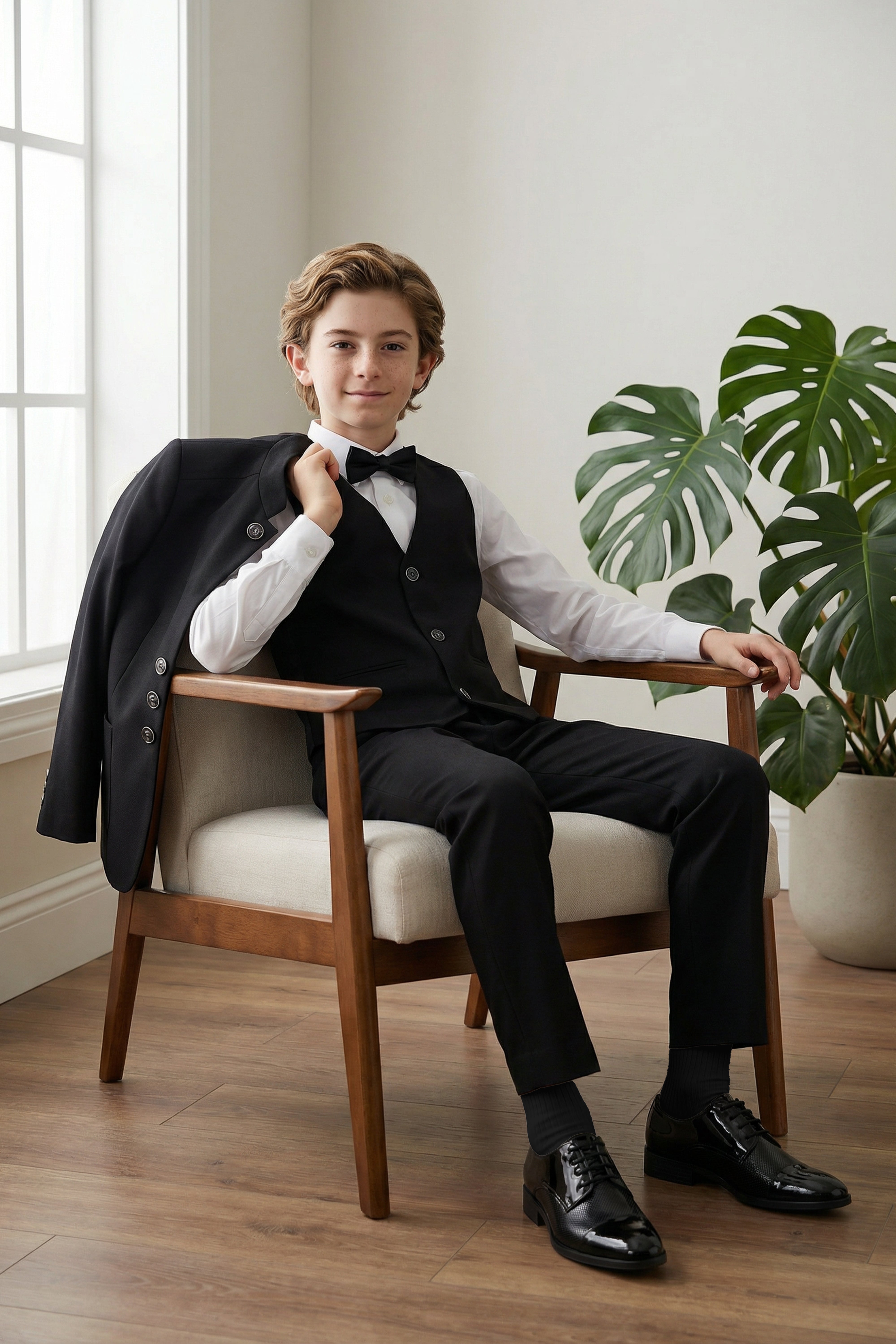 Boys’ 6-Piece Formal Ottoman Suit with Mandarin Collar - Black Waistcoat Front Picture