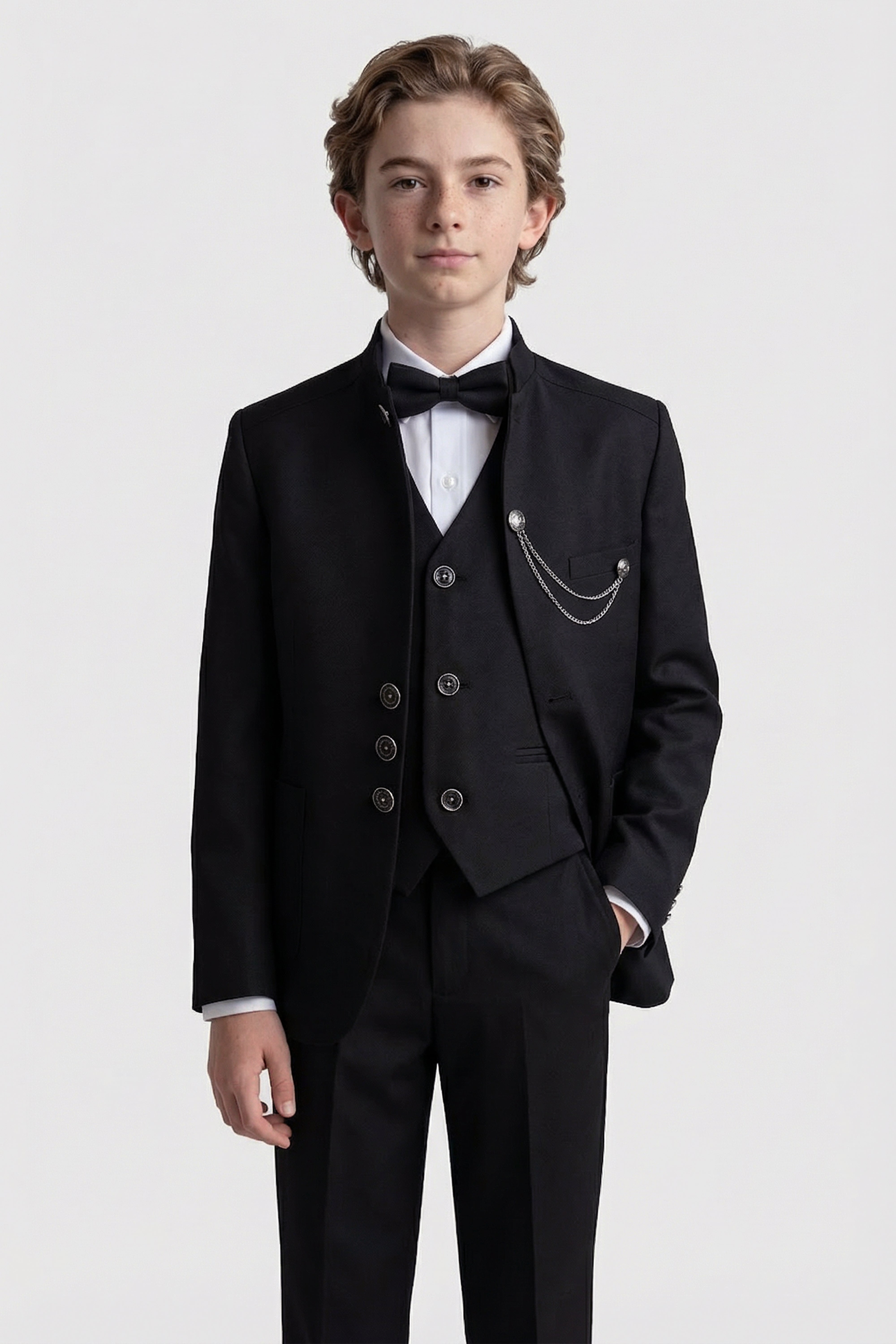 Boys’ 6-Piece Formal Ottoman Suit with Mandarin Collar - Black Model Picture