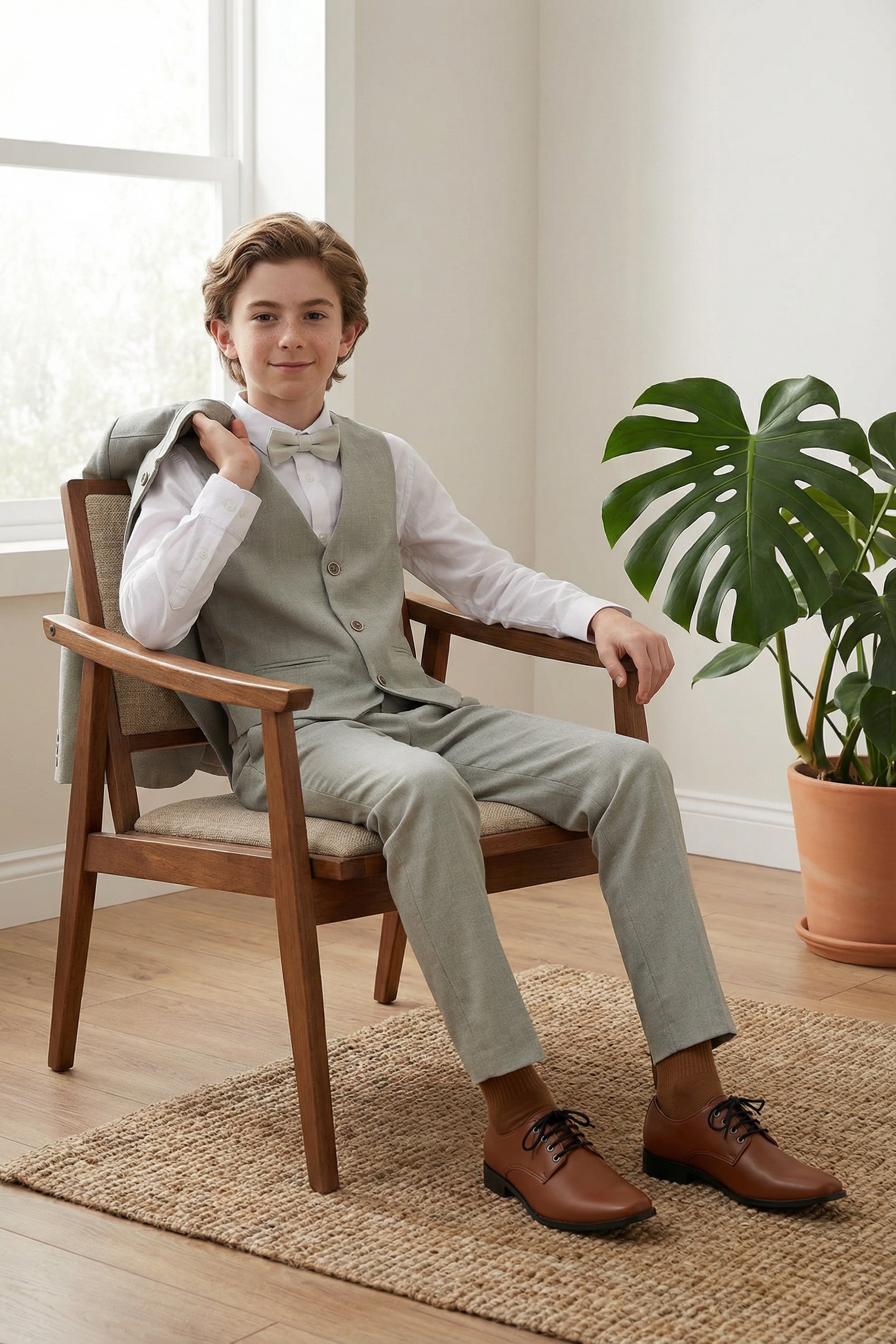 Boys’ 6-Piece Formal Ottoman Suit with Mandarin Collar - Green Model Front Picture