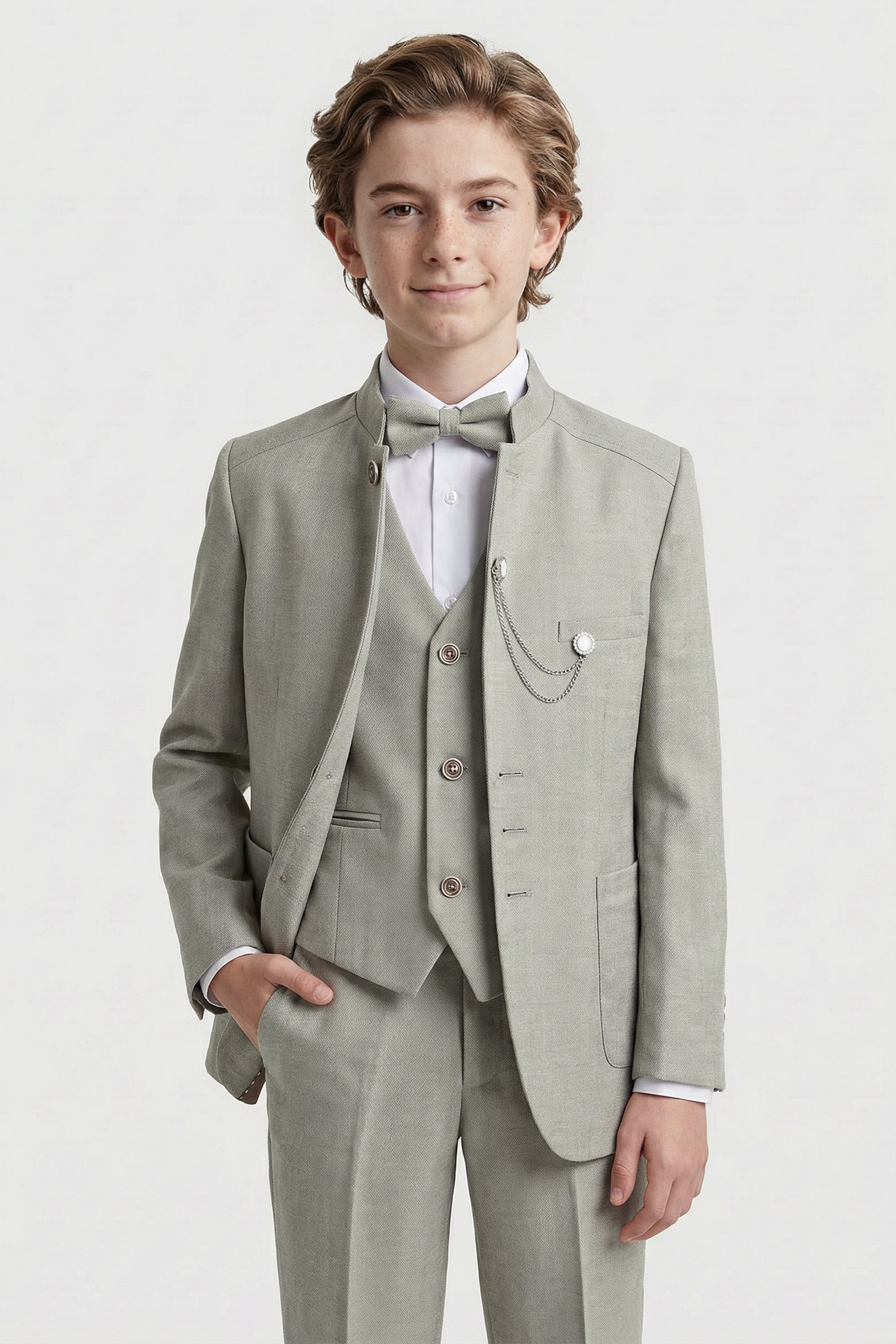 Boys’ 6-Piece Formal Ottoman Suit with Mandarin Collar - Green Model Front Picture