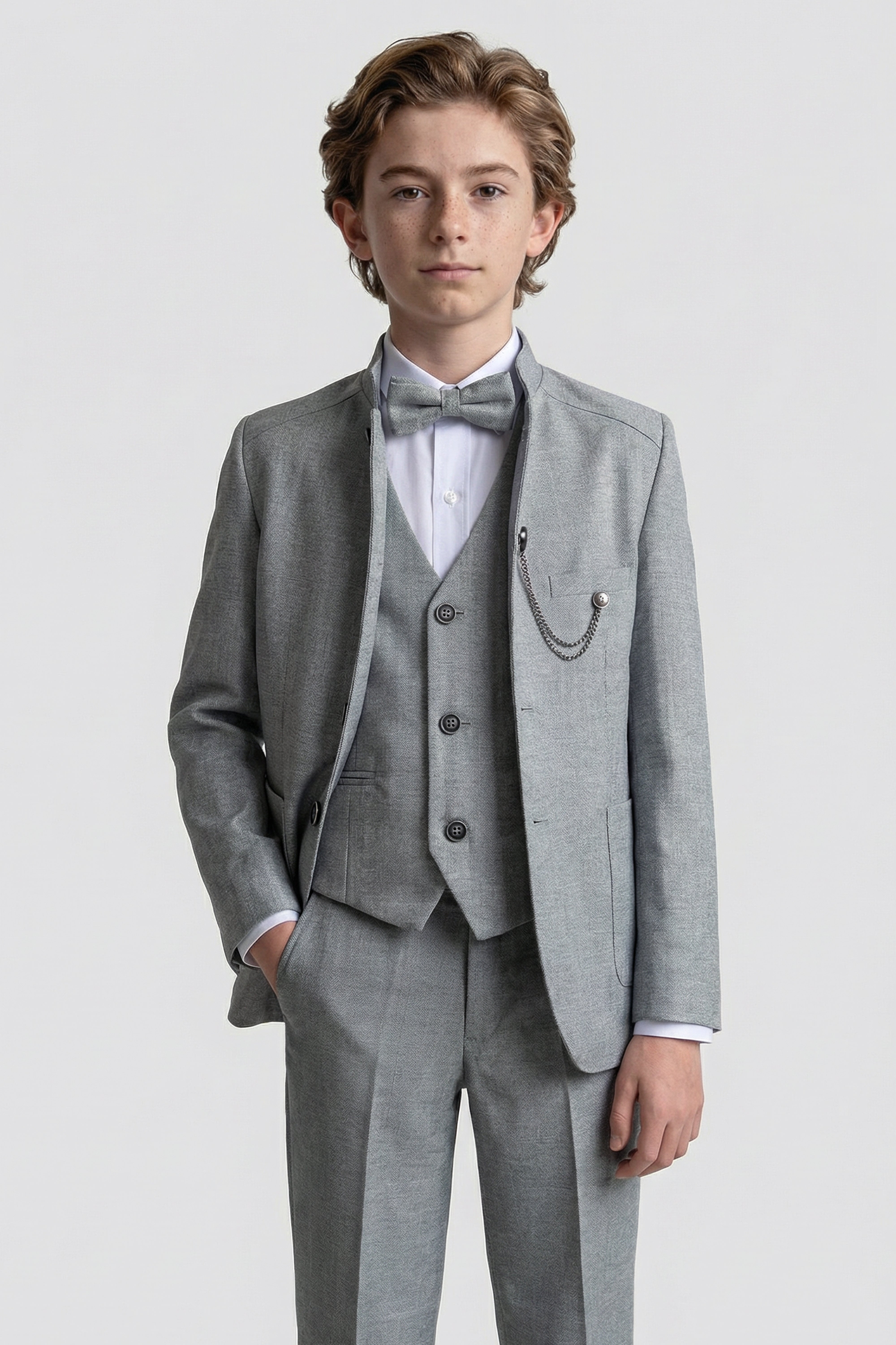 Boys’ 6-Piece Formal Ottoman Suit with Mandarin Collar - Grey Model Picture