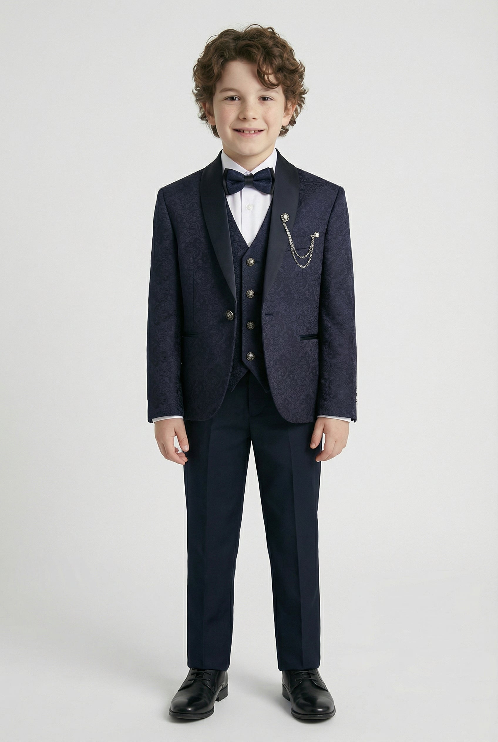 Boys’ 6-Piece Jacquard Paisley Tuxedo Suit - Navy Front Picture