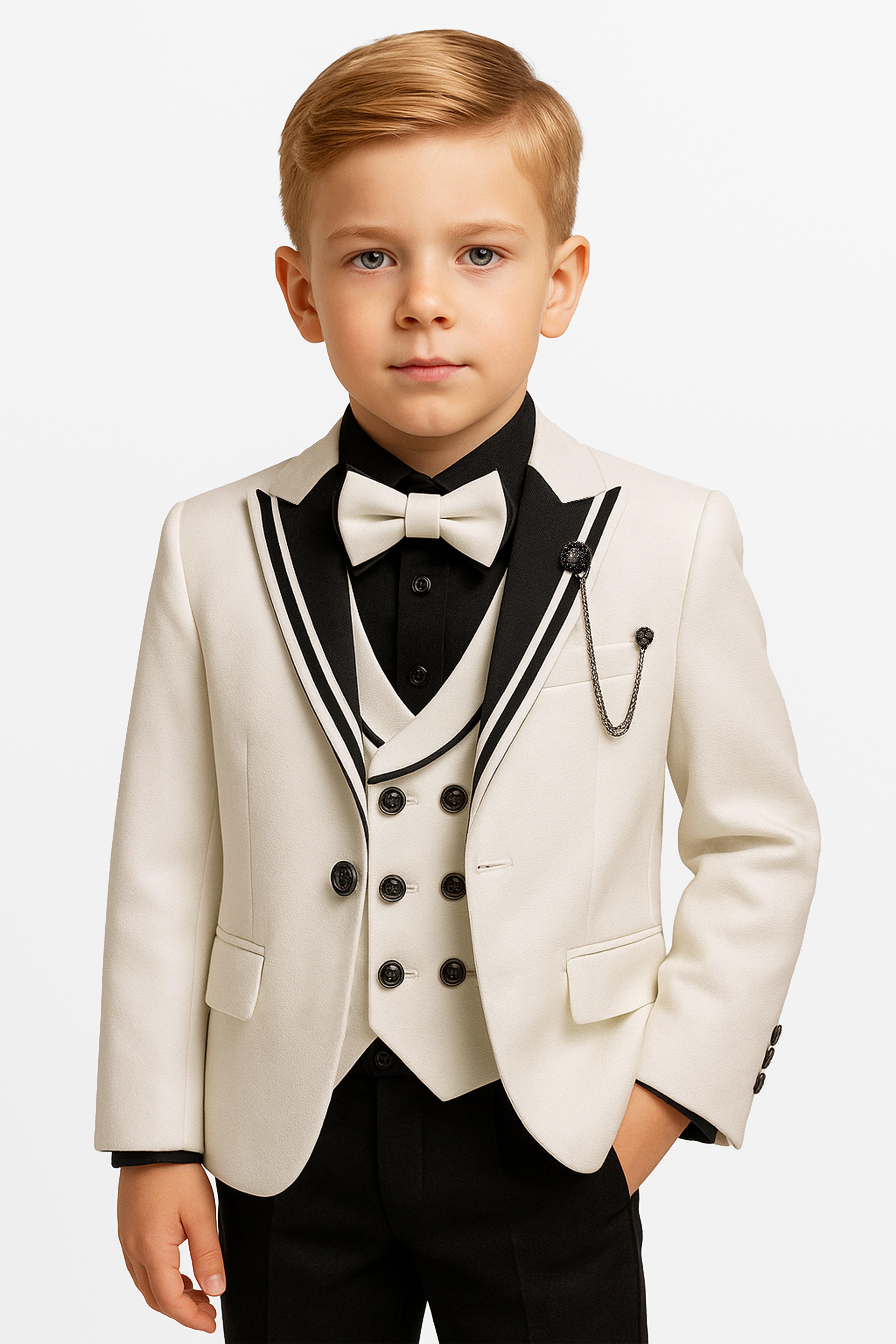 Boys’ 6-Piece Tuxedo Dinner Suit with Double Breasted Waistcoat - DAMATLIK - Ivory Model Pictue