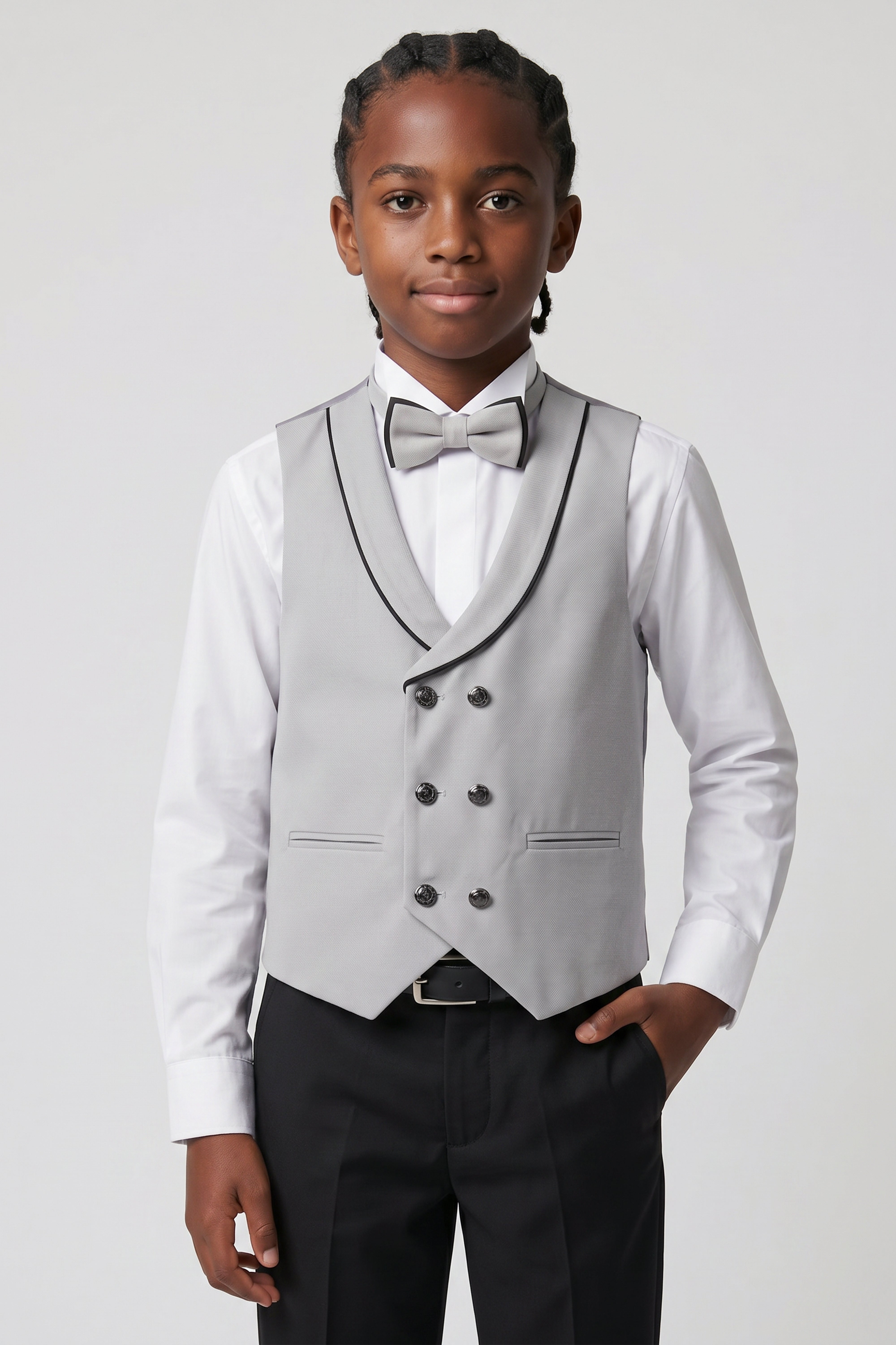 Boys 6-Piece Tuxedo Dinner Suit with Double Breasted Waistcoat - DAMATLIK W - Grey